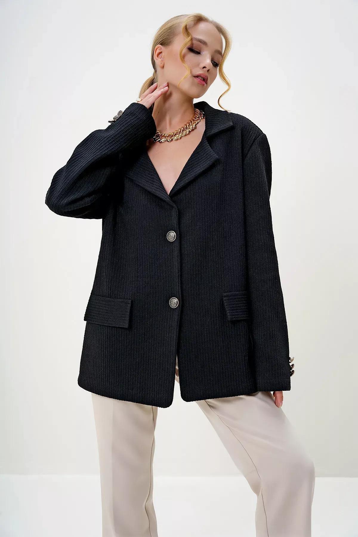 Black Gold Button Blazer Jacket, , large image number 0