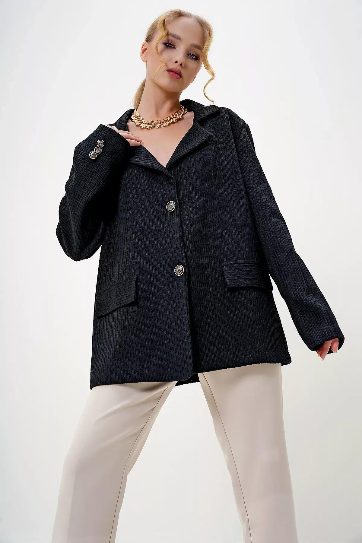 Black Gold Button Blazer Jacket, , large image number 1