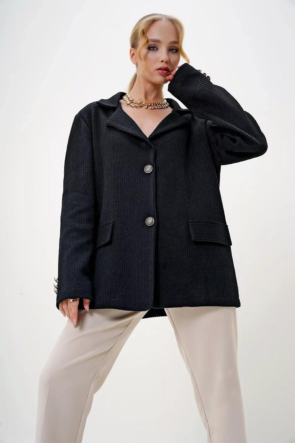 Black Gold Button Blazer Jacket, , large image number 2