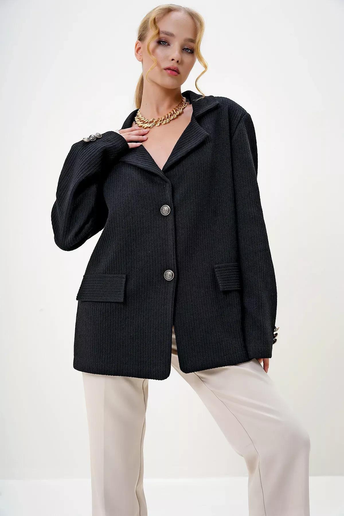 Black Gold Button Blazer Jacket, , large image number 3