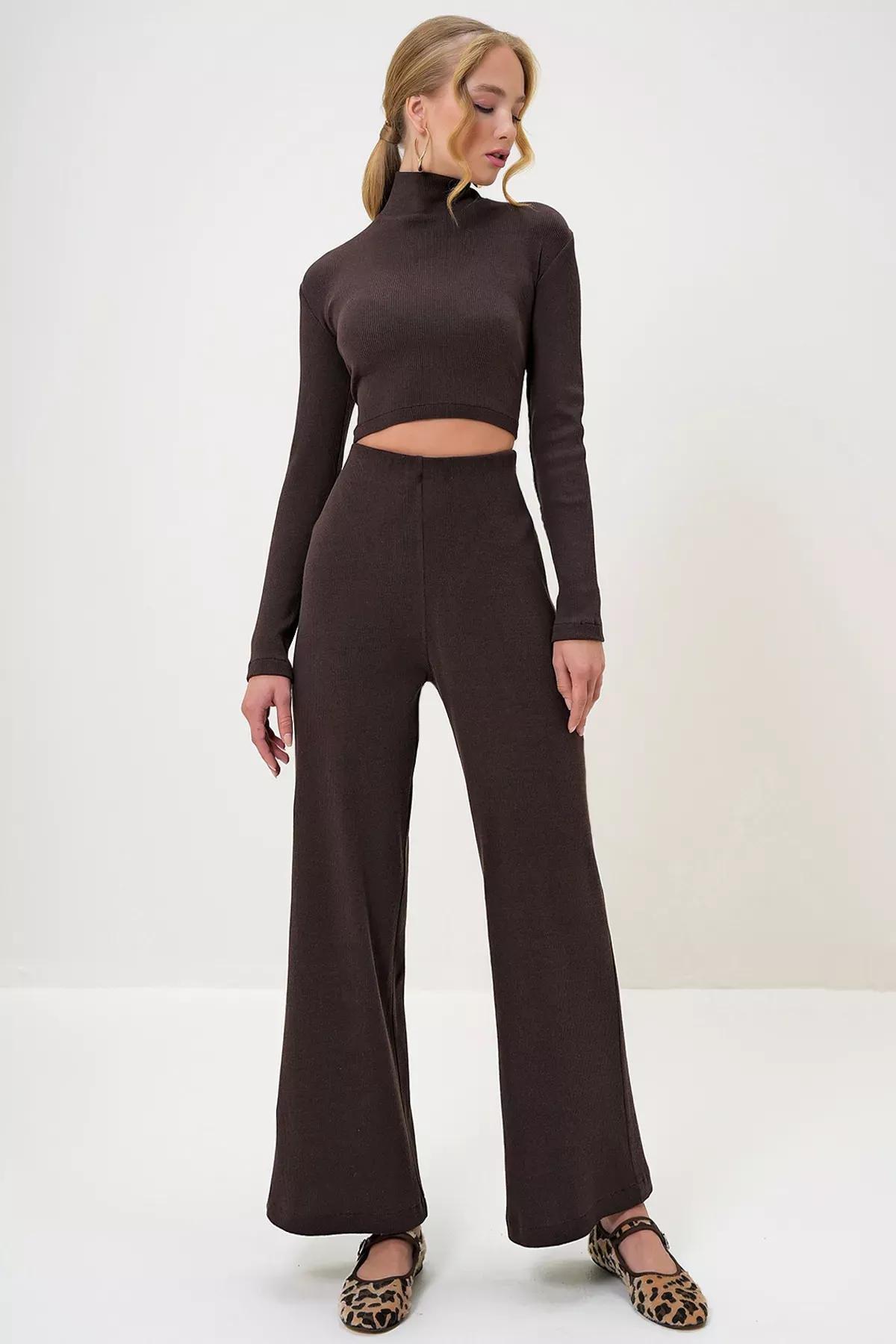 Brown Crop Blouse Trouser Set, Brown, large image number 0