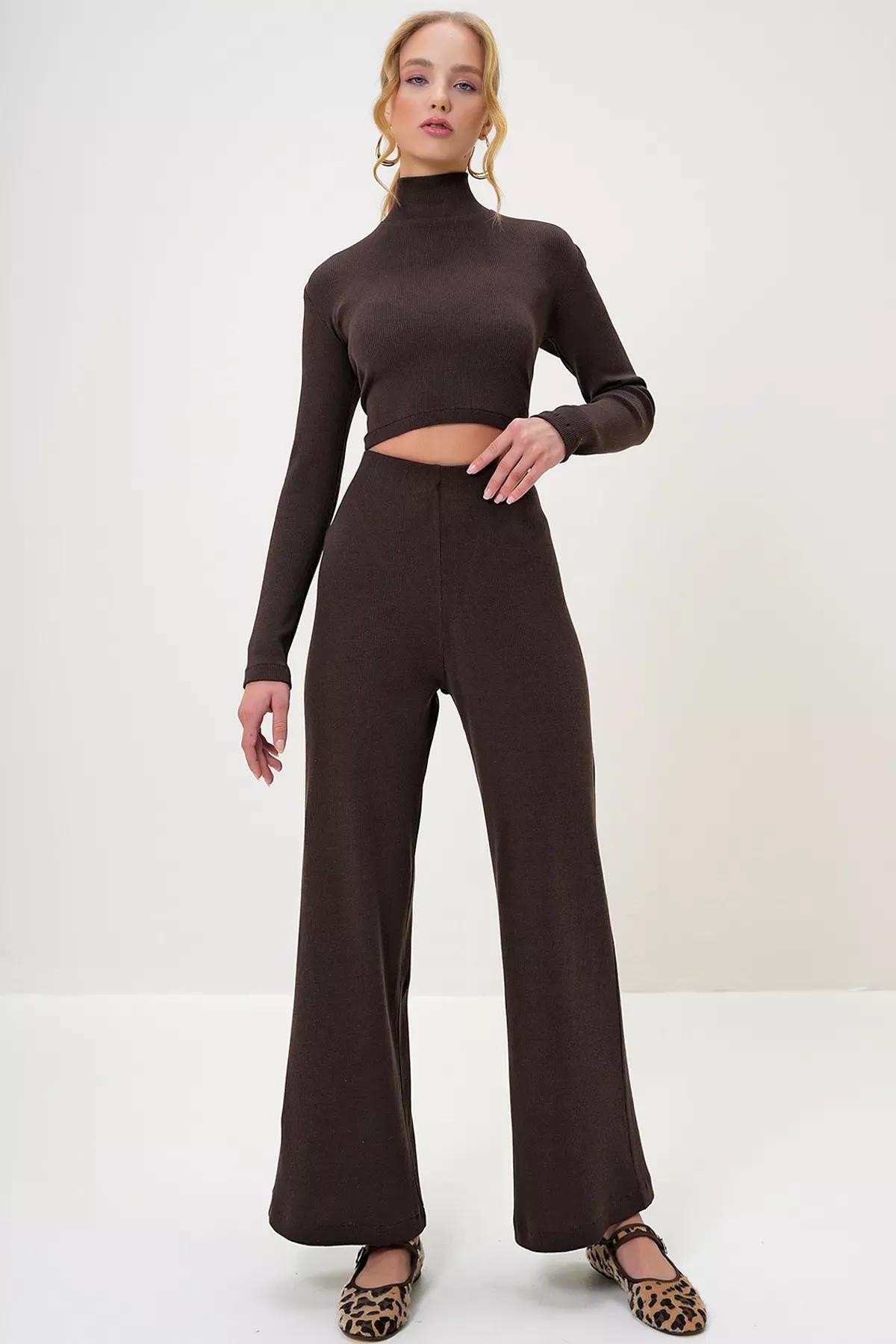 Brown Crop Blouse Trouser Set, Brown, large image number 1