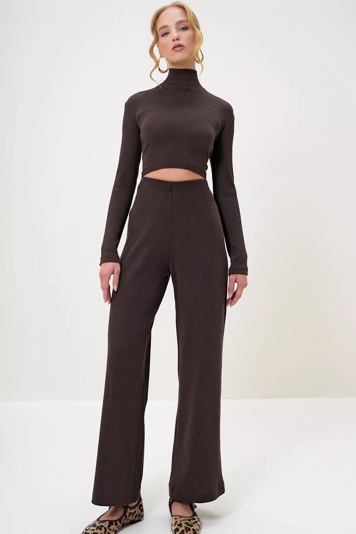 Brown Crop Blouse Trouser Set, Brown, large image number 2