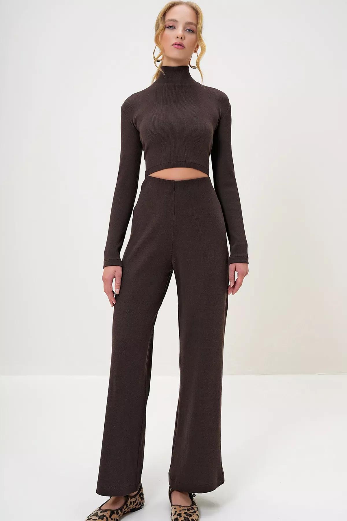 Brown Crop Blouse Trouser Set, Brown, large image number 3