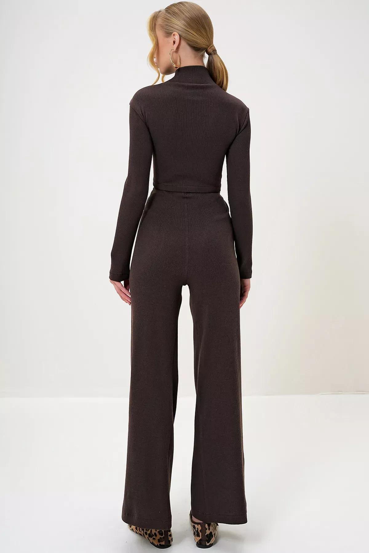 Brown Crop Blouse Trouser Set, Brown, large image number 4