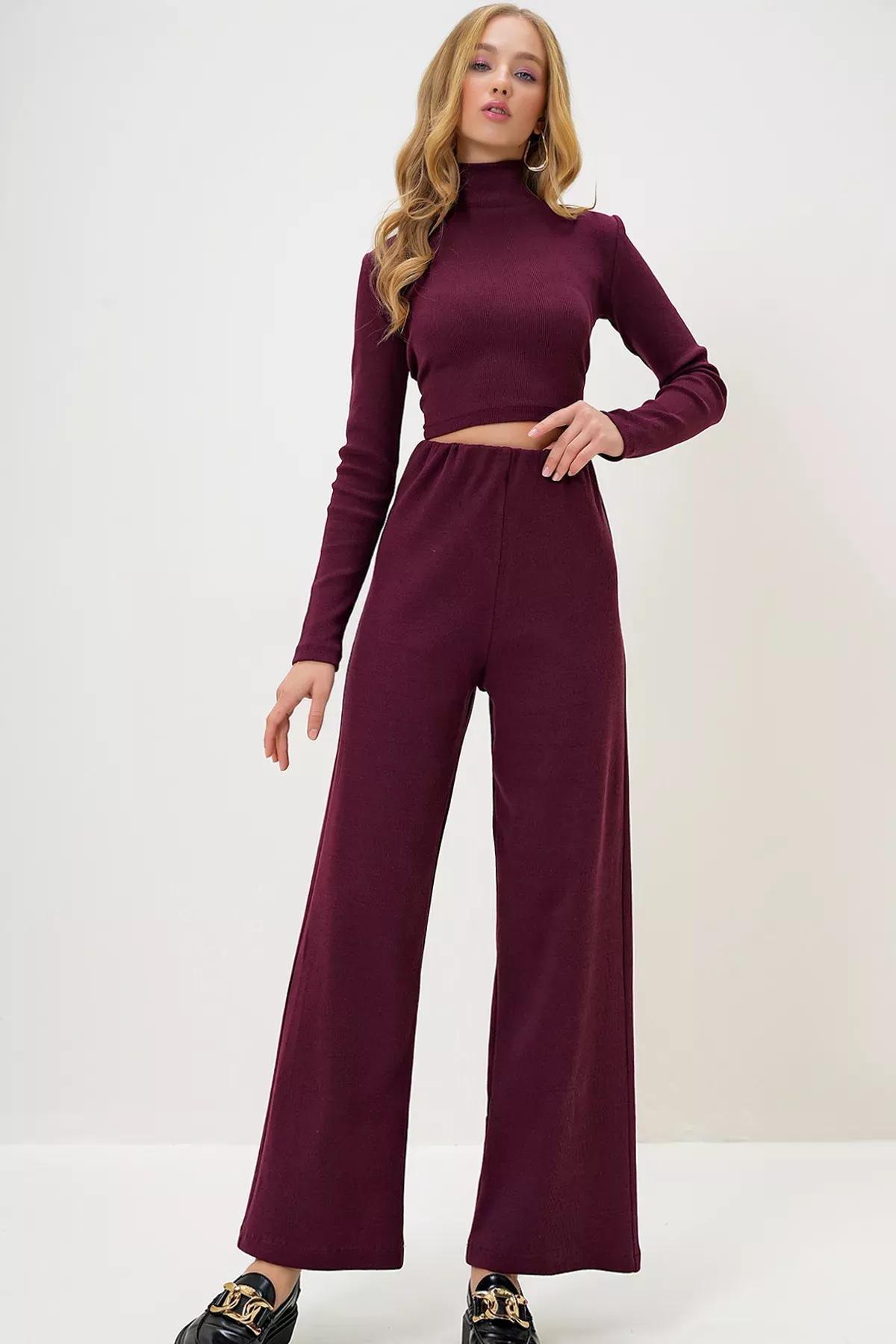 Burgundy Stand Collar Co-Ord Set, , large image number 1