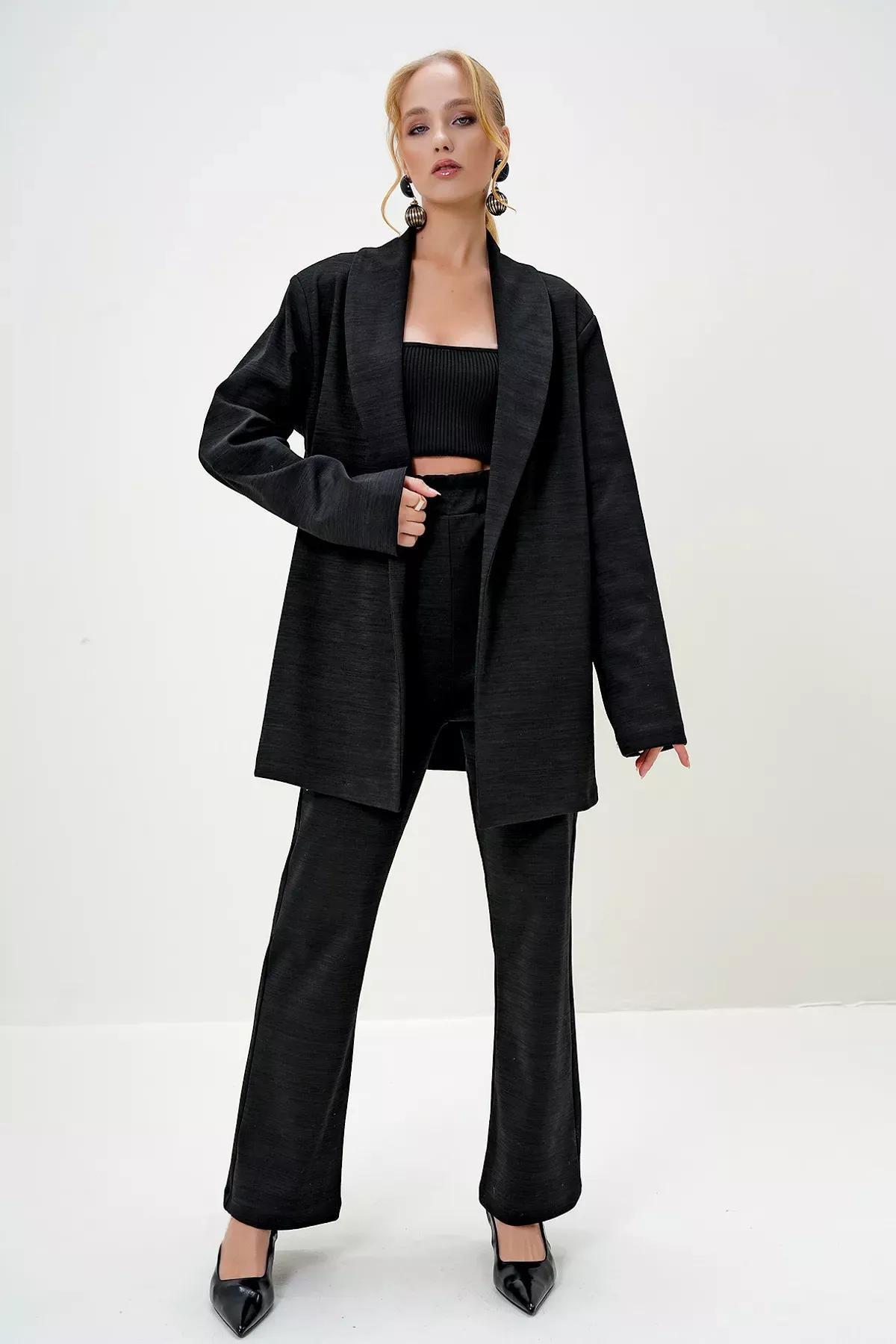 Black Shawl Knit Blazer Set, , large image number 0