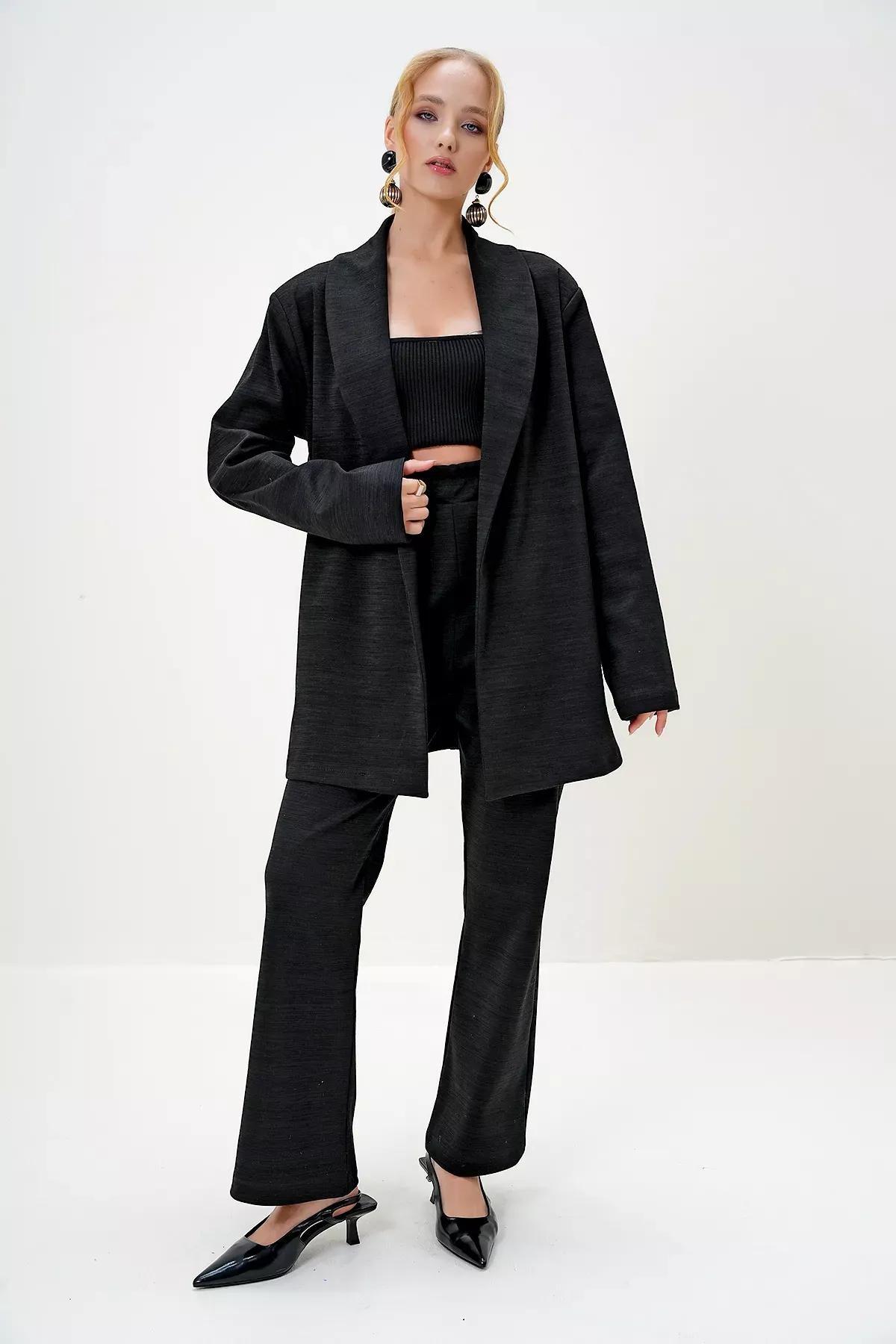 Black Shawl Knit Blazer Set, , large image number 1
