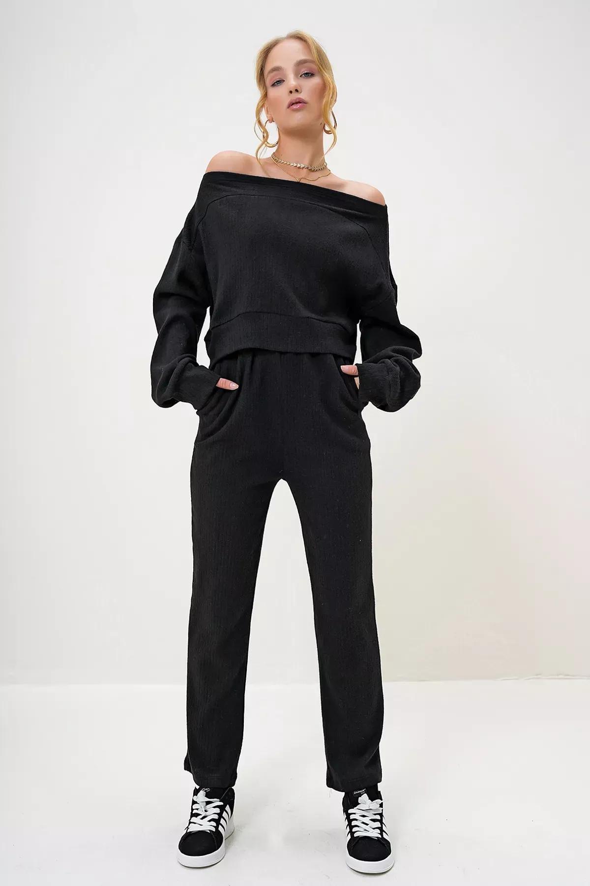 Black interlock crop sweat set, BLACK, medium