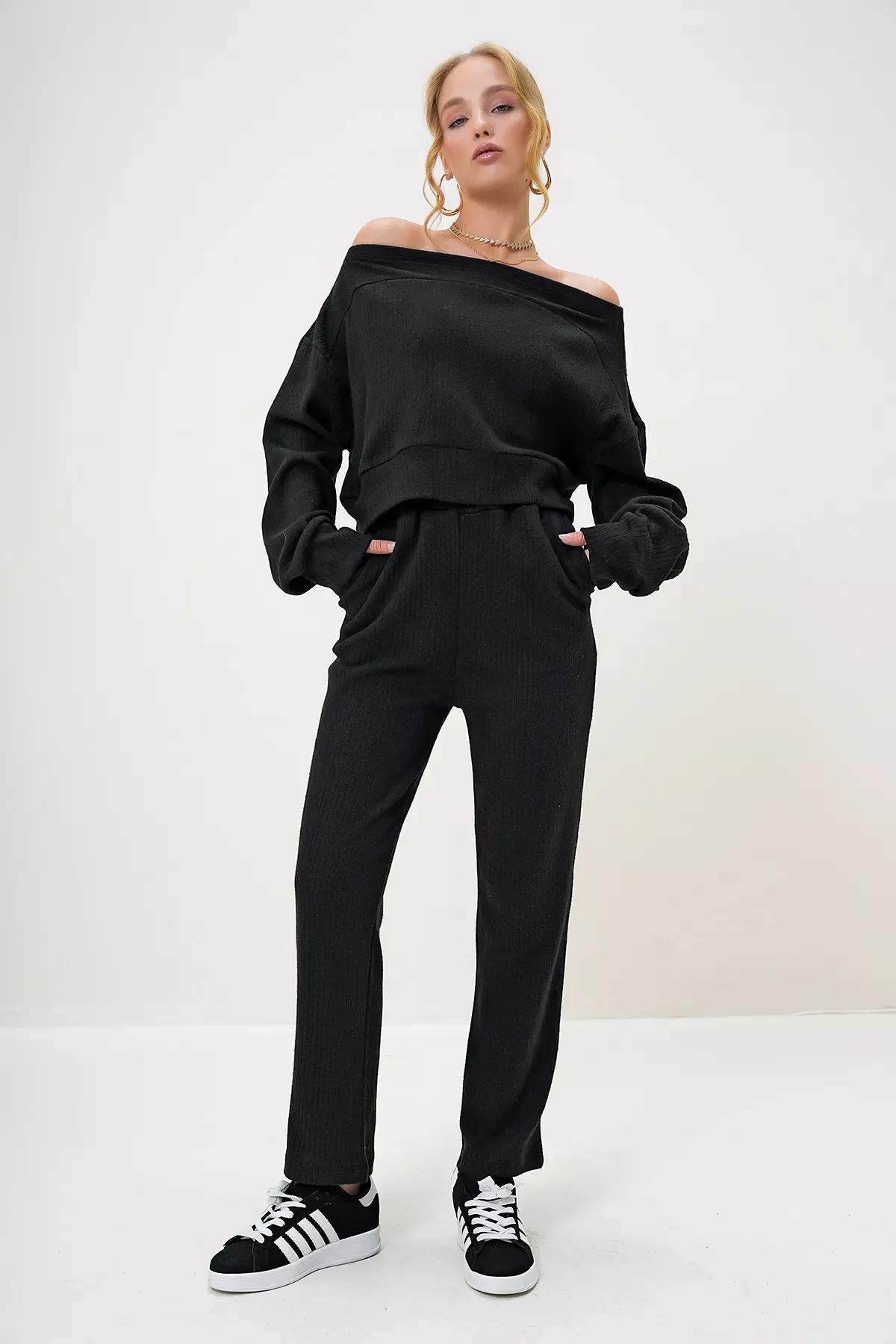 Black interlock crop sweat set, BLACK, medium