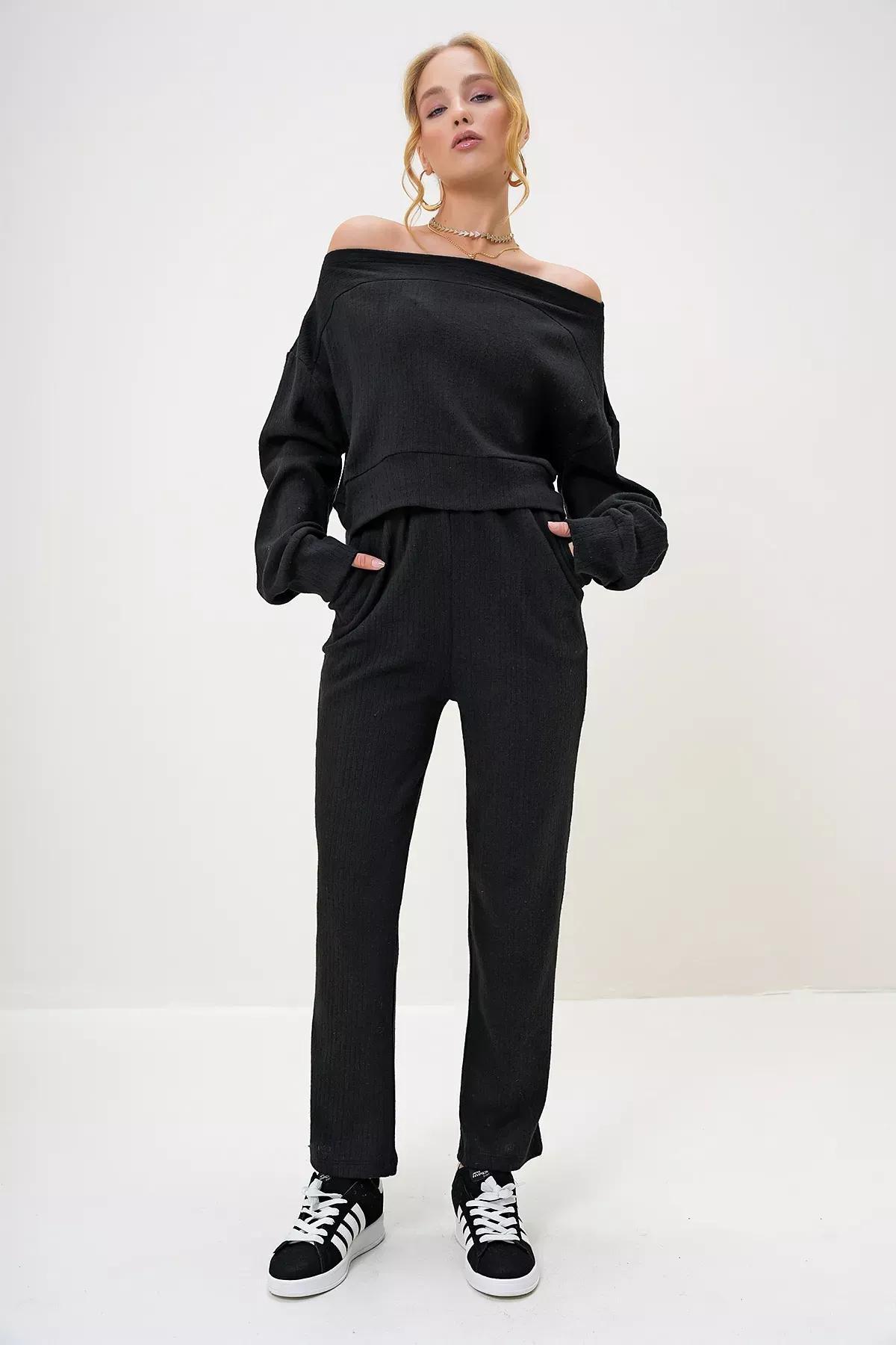 Black interlock crop sweat set, BLACK, large image number 2