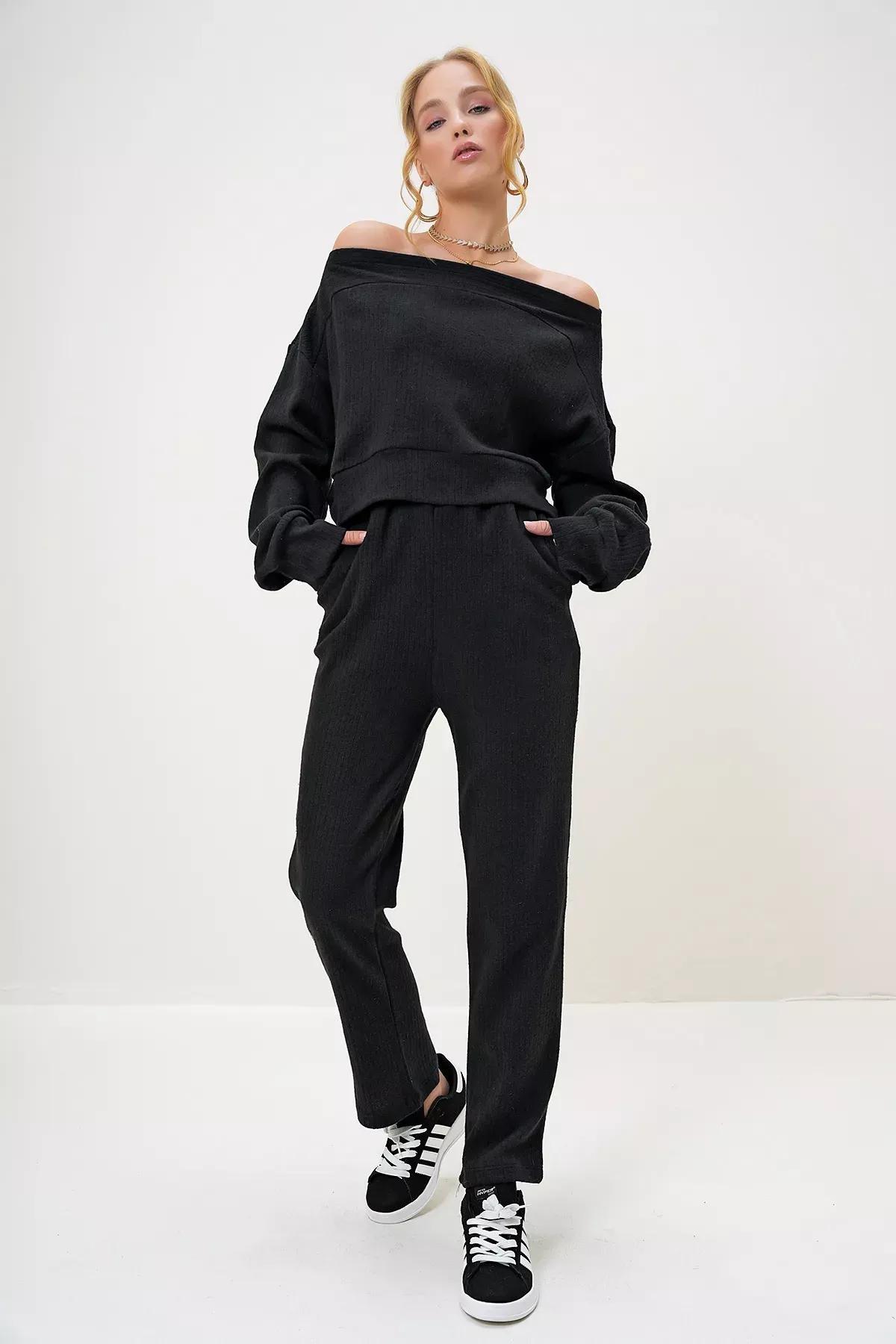 Black interlock crop sweat set, BLACK, large image number 3