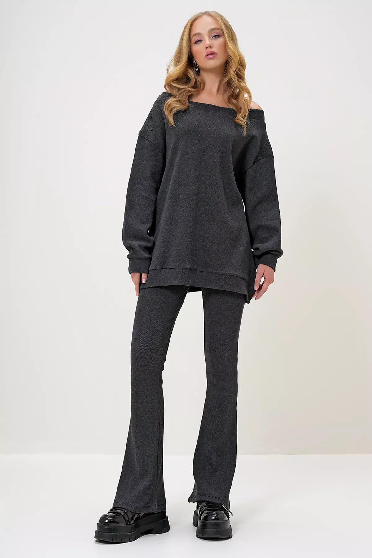Grey Boat Neck Bell Bottoms, , large image number 0