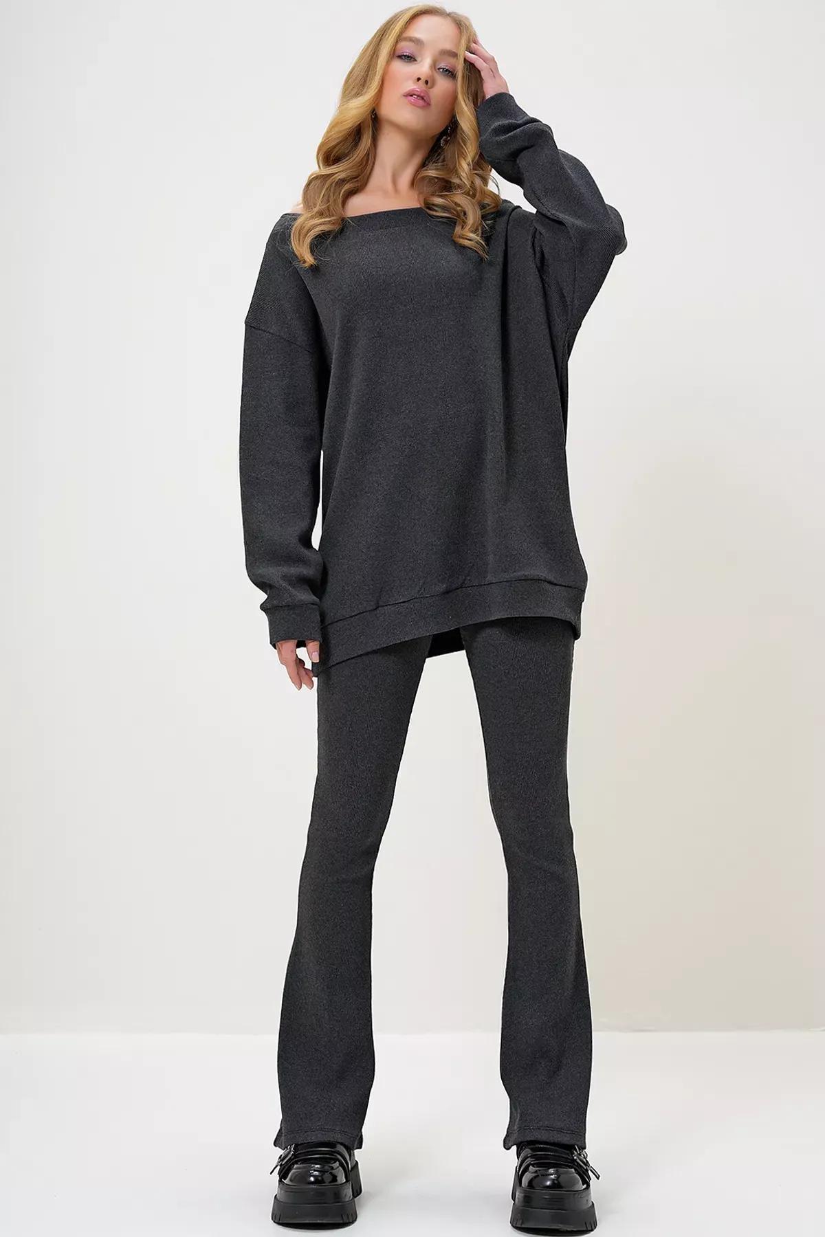 Grey Boat Neck Bell Bottoms, , large image number 1