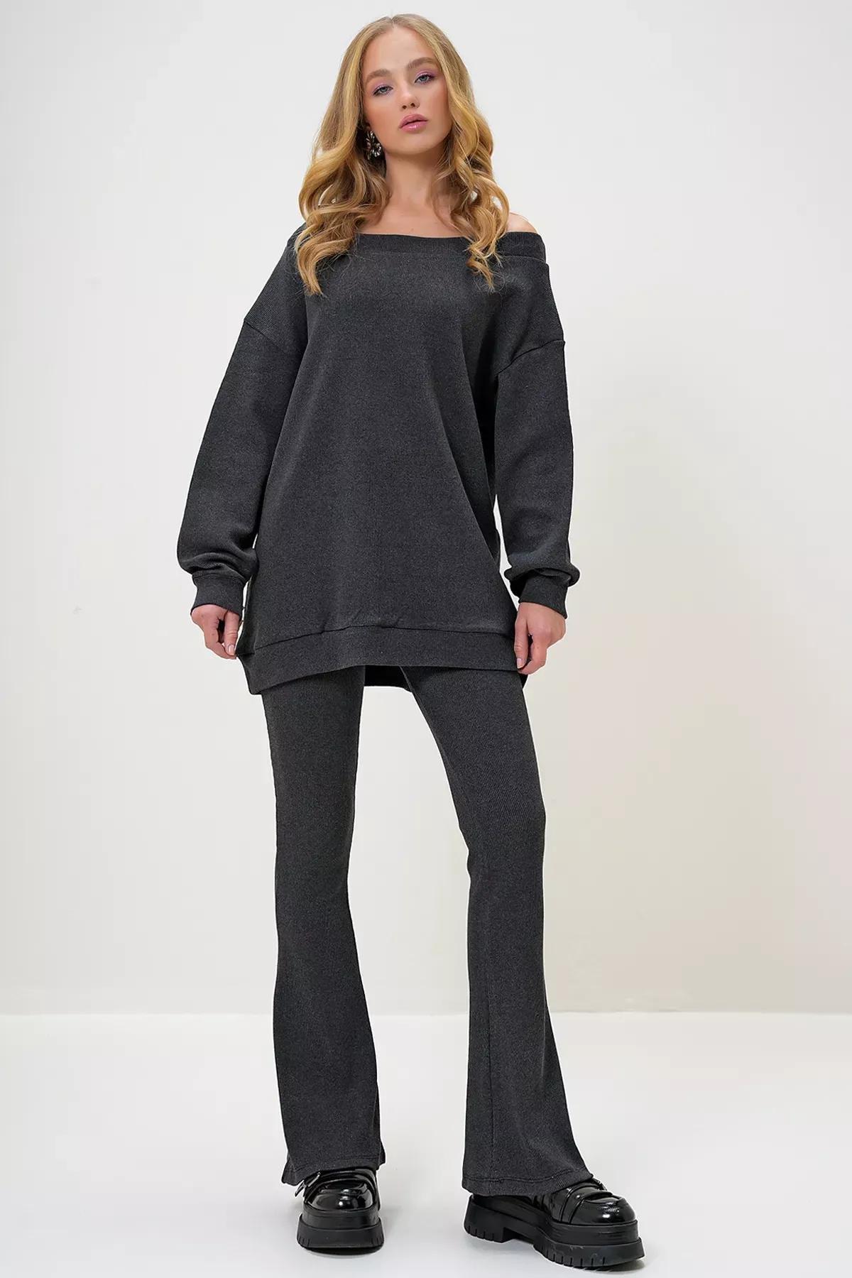 Grey Boat Neck Bell Bottoms, , large image number 2