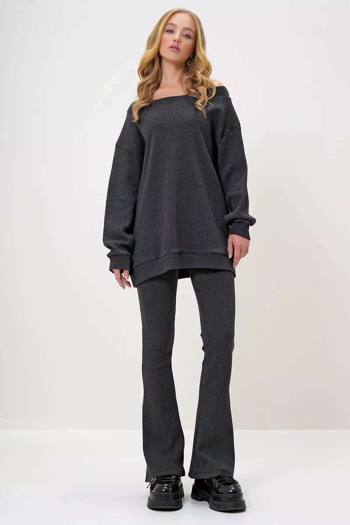 Grey Boat Neck Bell Bottoms, , large image number 4