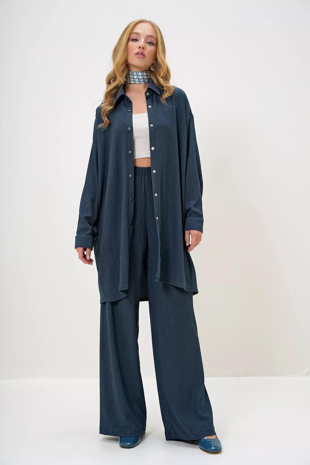 Blue Shirt collar crepe set, Oil, large image number 0