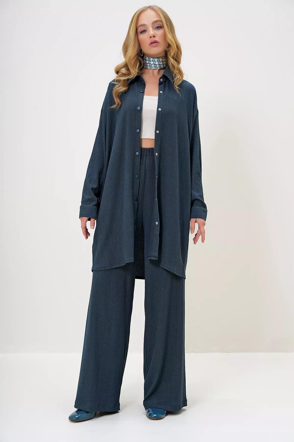 Blue Shirt collar crepe set, Oil, large image number 1