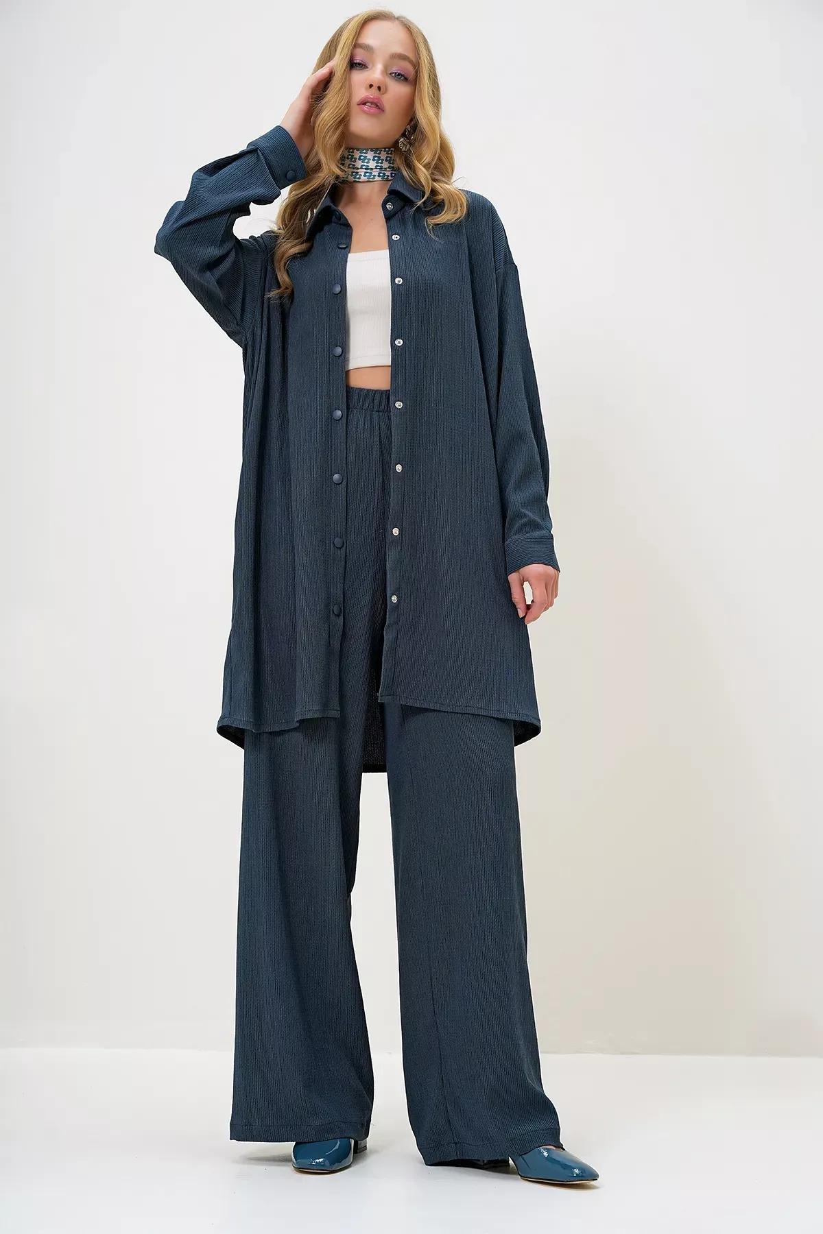Blue Shirt collar crepe set, Oil, large image number 2