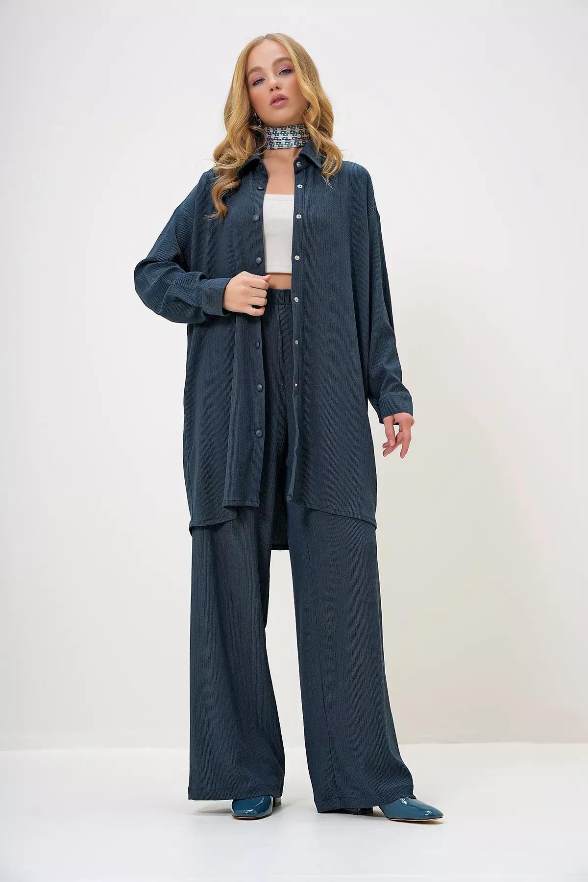 Blue Shirt collar crepe set, Oil, large image number 3