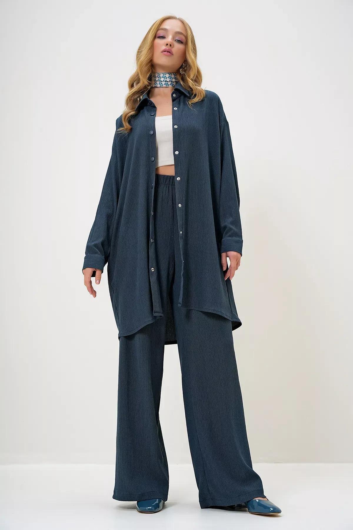 Blue Shirt collar crepe set, Oil, large image number 4