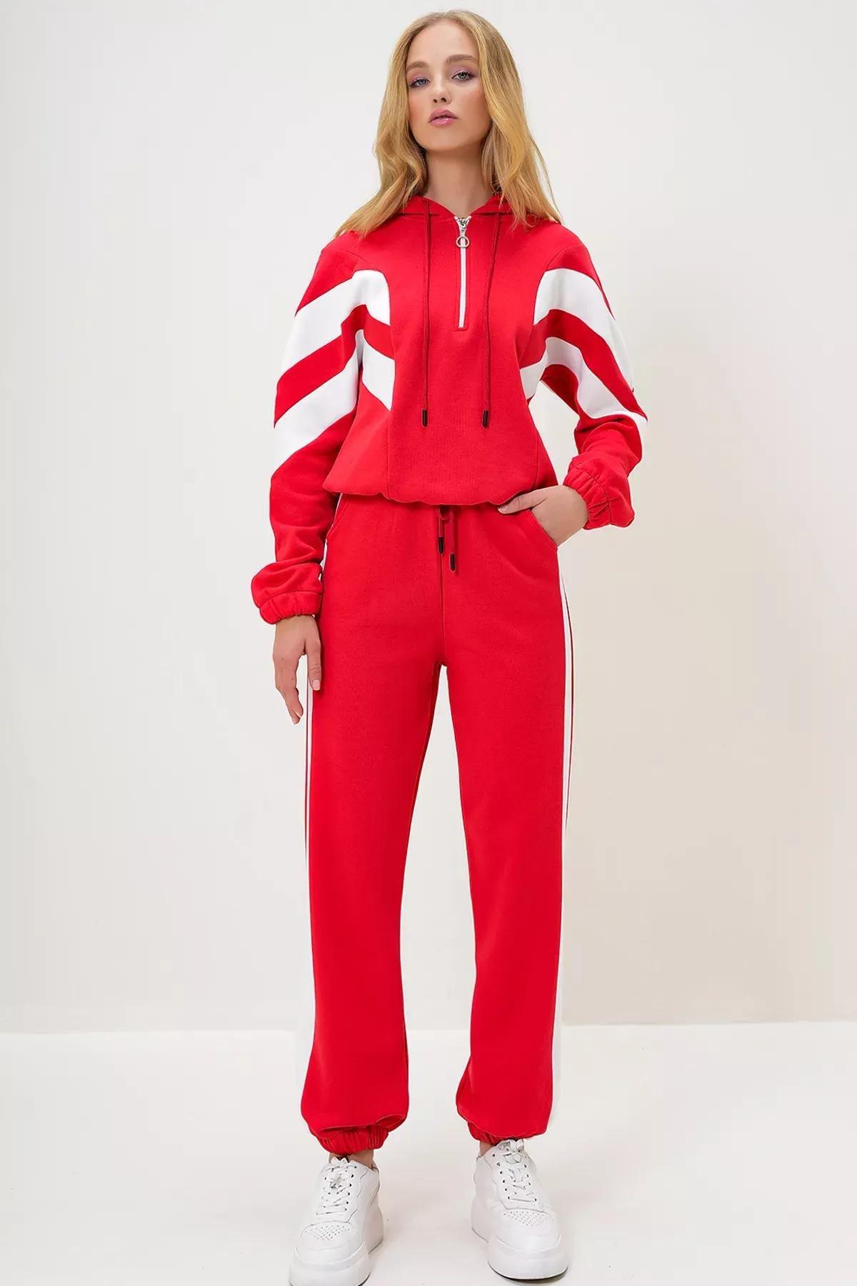 Red Hooded Half Zipper Tracksuit Set, Red, large image number 0