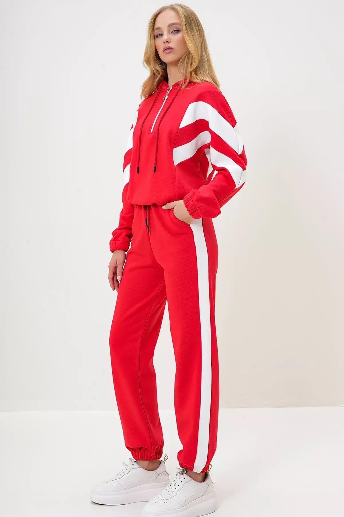 Red Hooded Half Zipper Tracksuit Set, Red, large image number 1