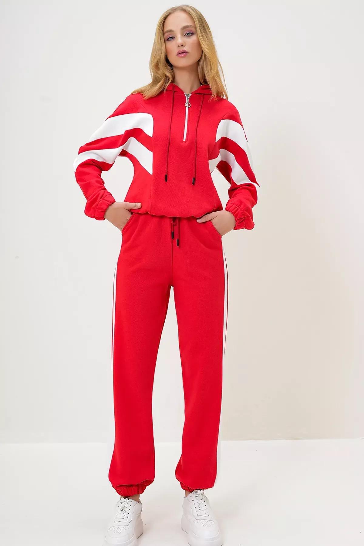 Red Hooded Half Zipper Tracksuit Set, Red, large image number 2
