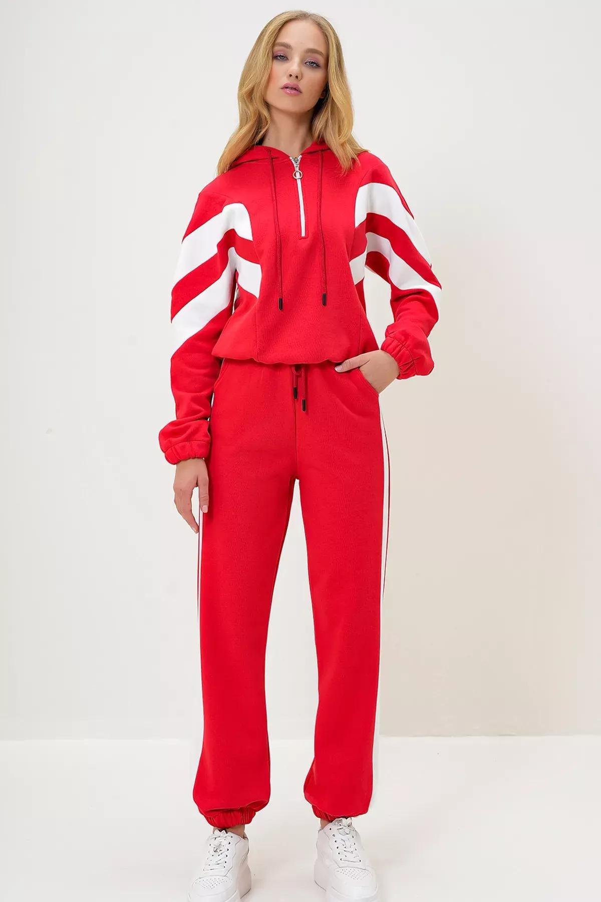 Red Hooded Half Zipper Tracksuit Set, Red, large image number 3