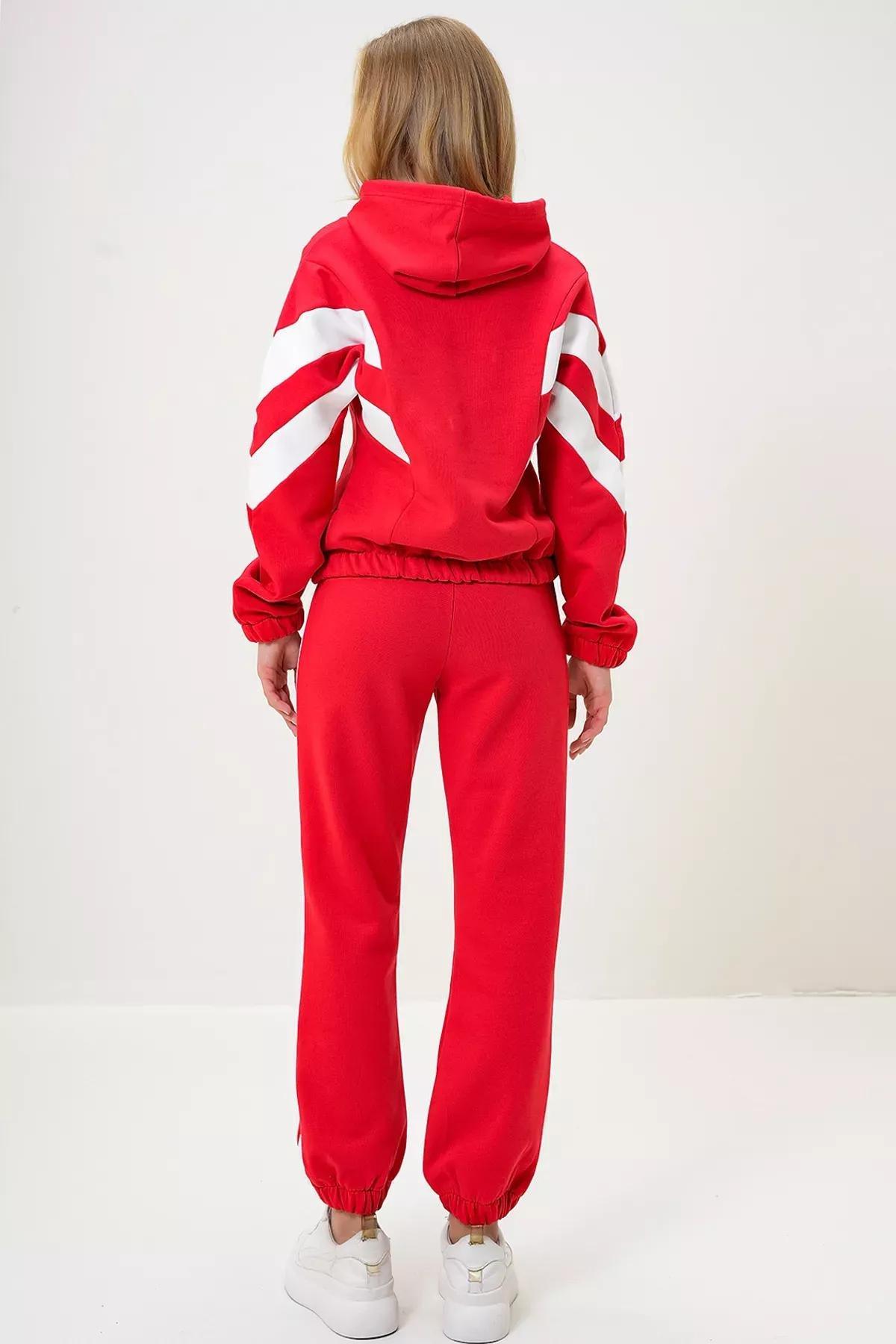 Red Hooded Half Zipper Tracksuit Set, Red, large image number 4