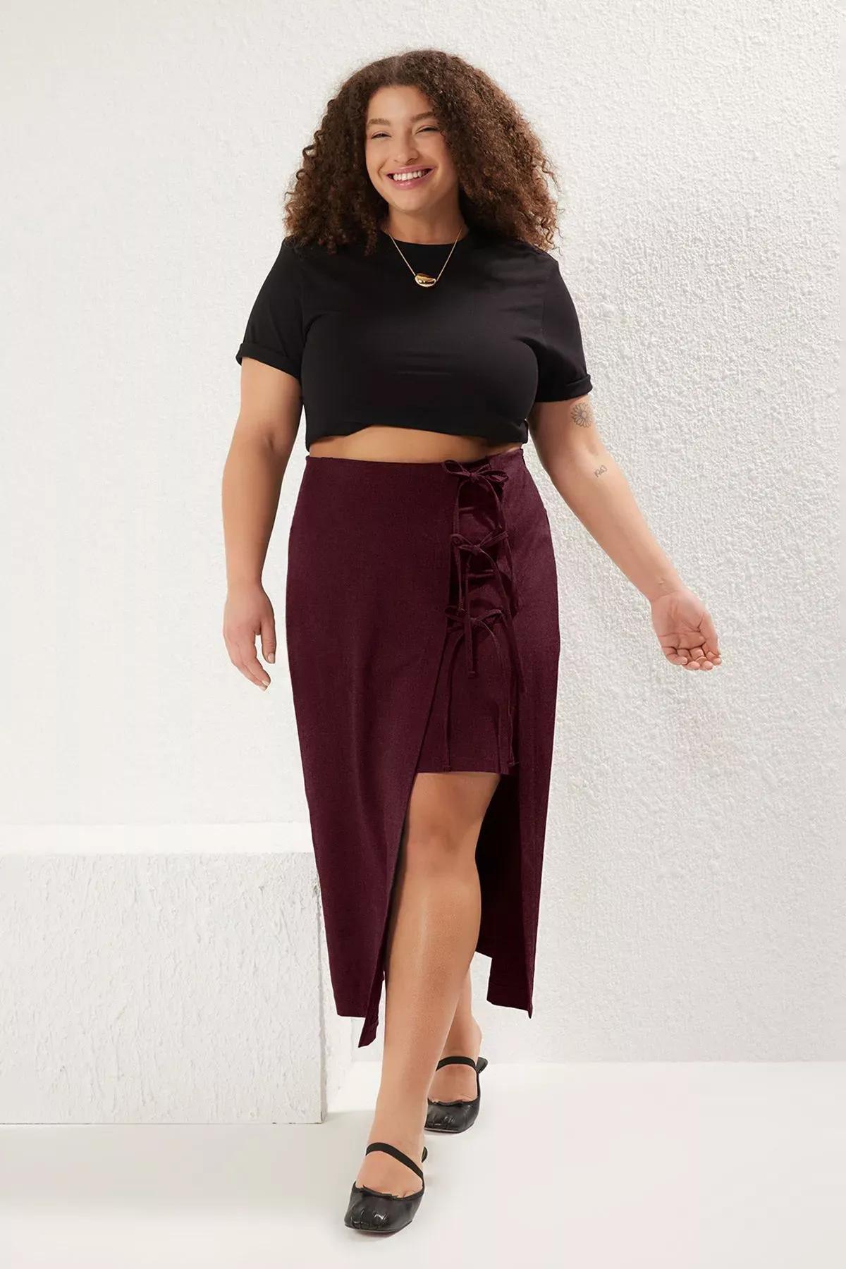 Burgundy Bow Lace Midi Skirt, Burgundy, large image number 0