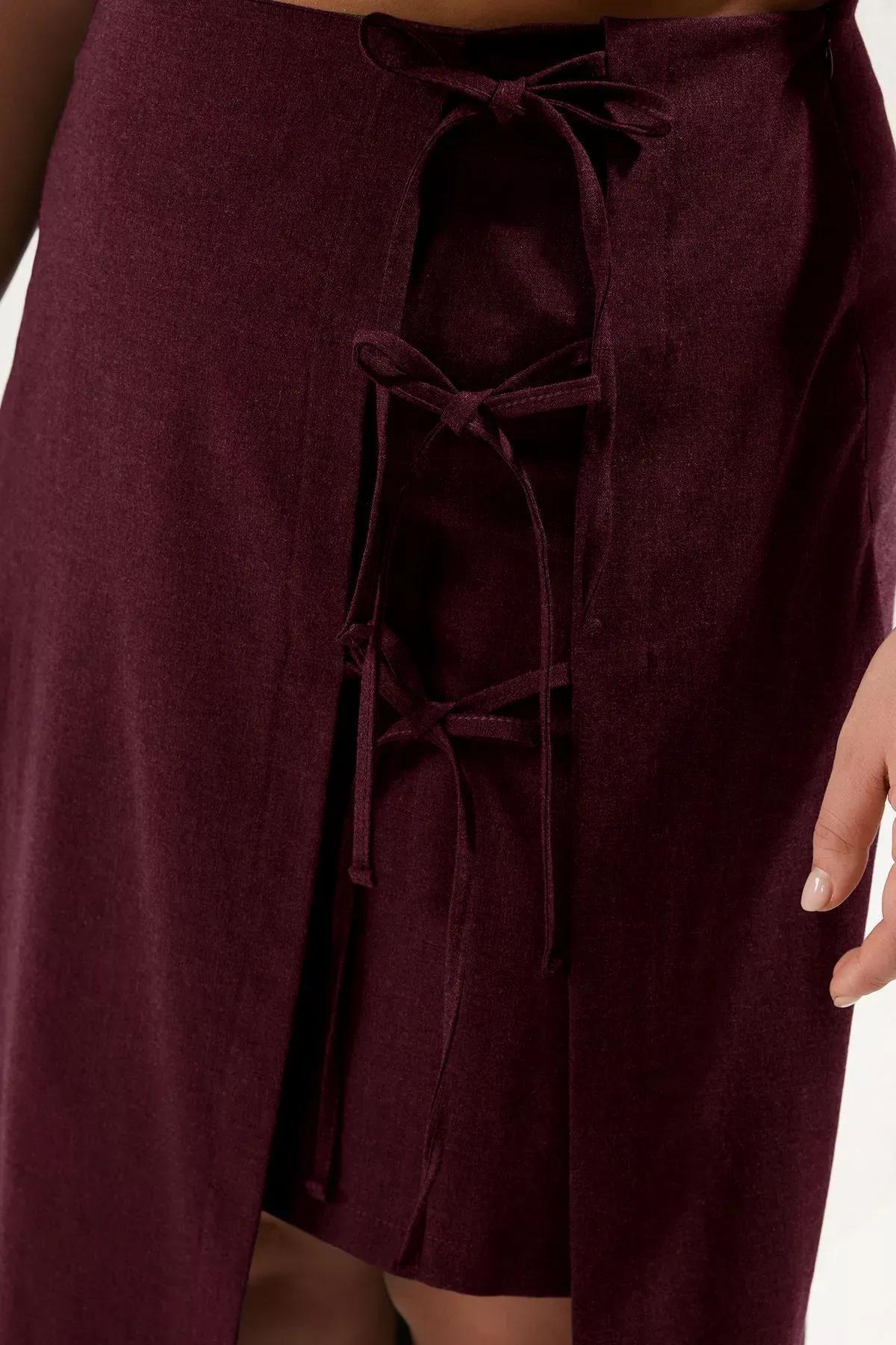 Burgundy Bow Lace Midi Skirt, Burgundy, large image number 3