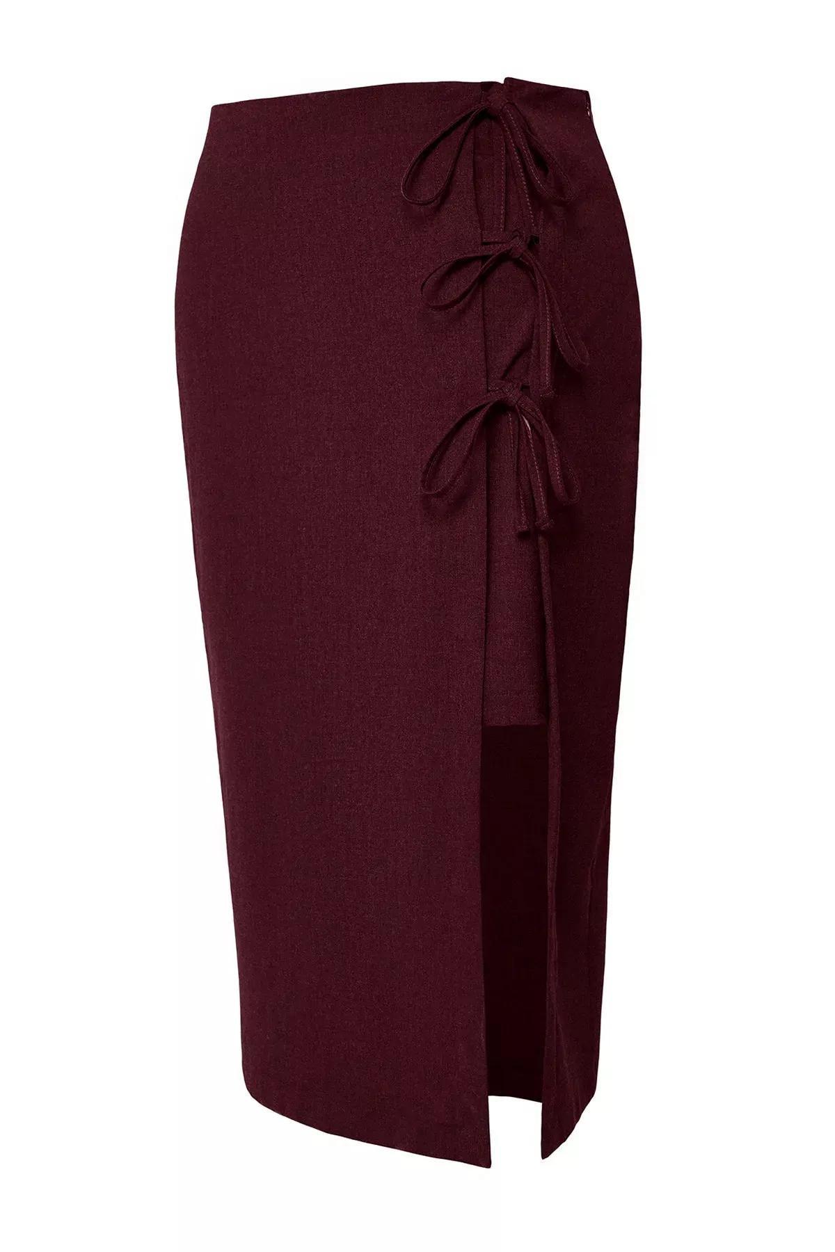 Burgundy Bow Lace Midi Skirt, Burgundy, large image number 5