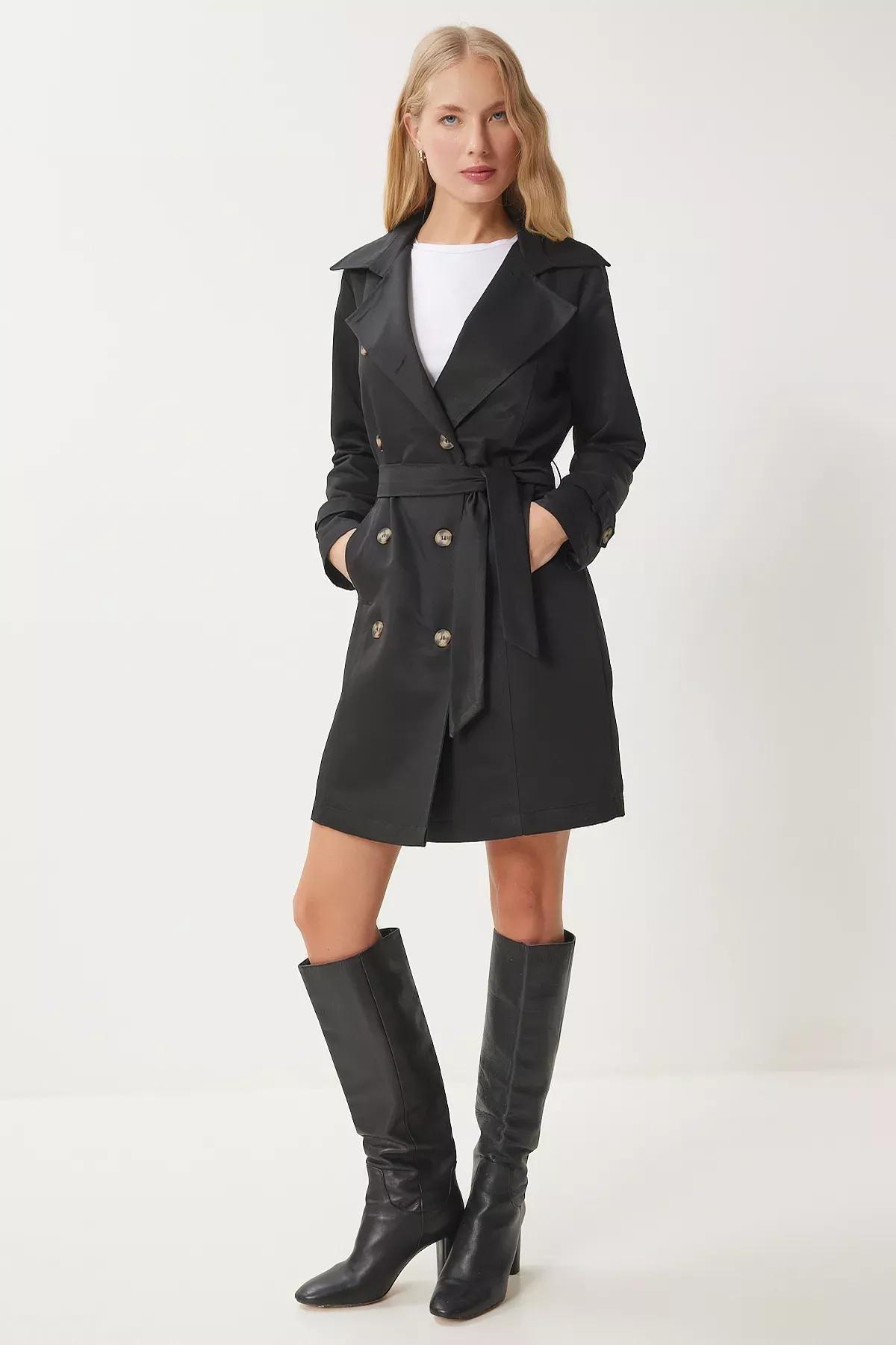 Black Double-Breasted Belted Trench Coat, , large image number 0
