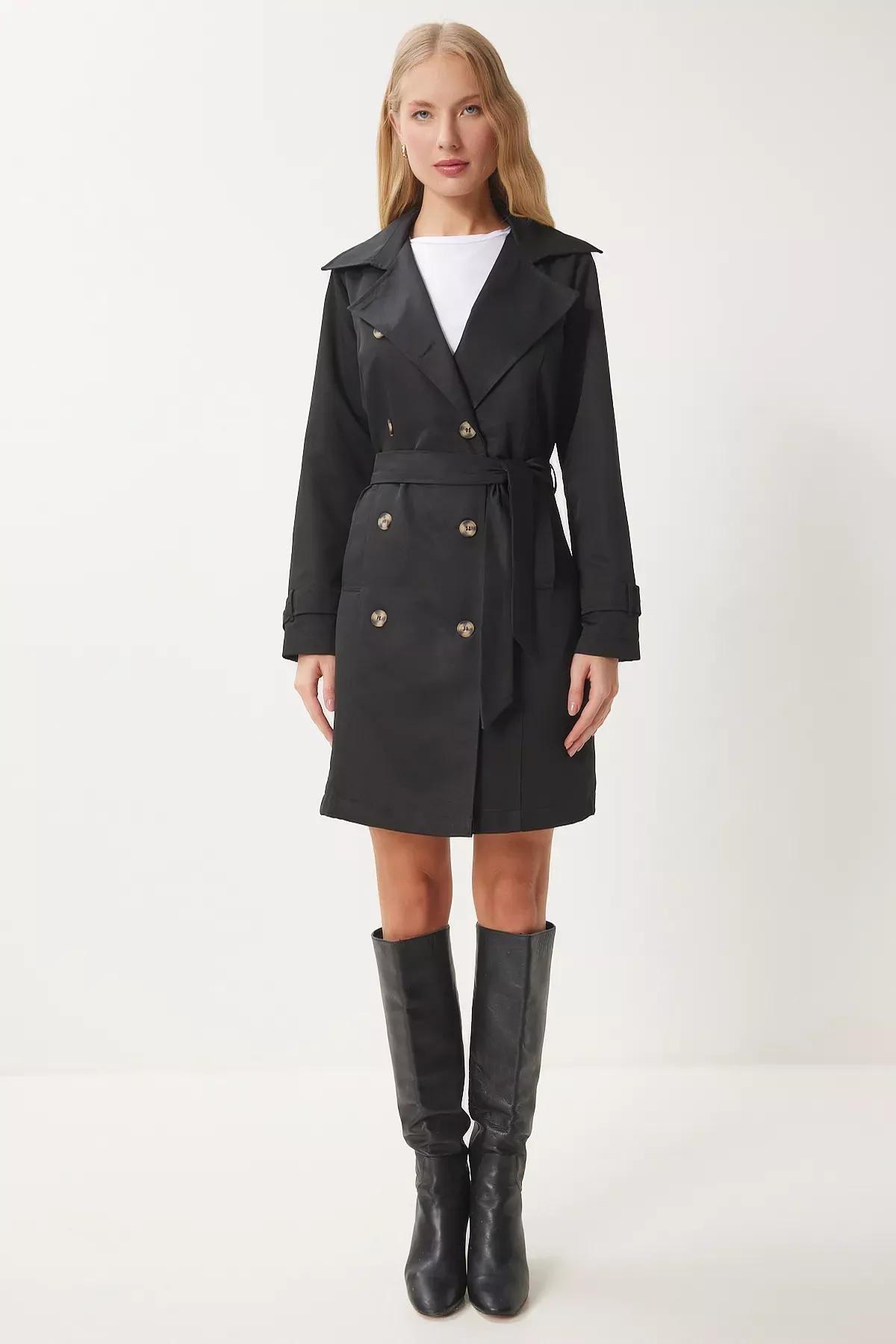 Black Double-Breasted Belted Trench Coat, , large image number 1