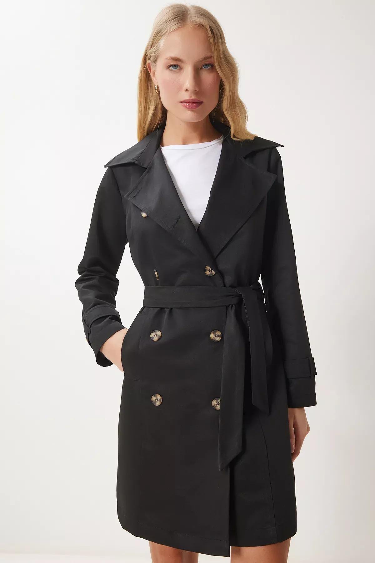 Black Double-Breasted Belted Trench Coat, , large image number 2