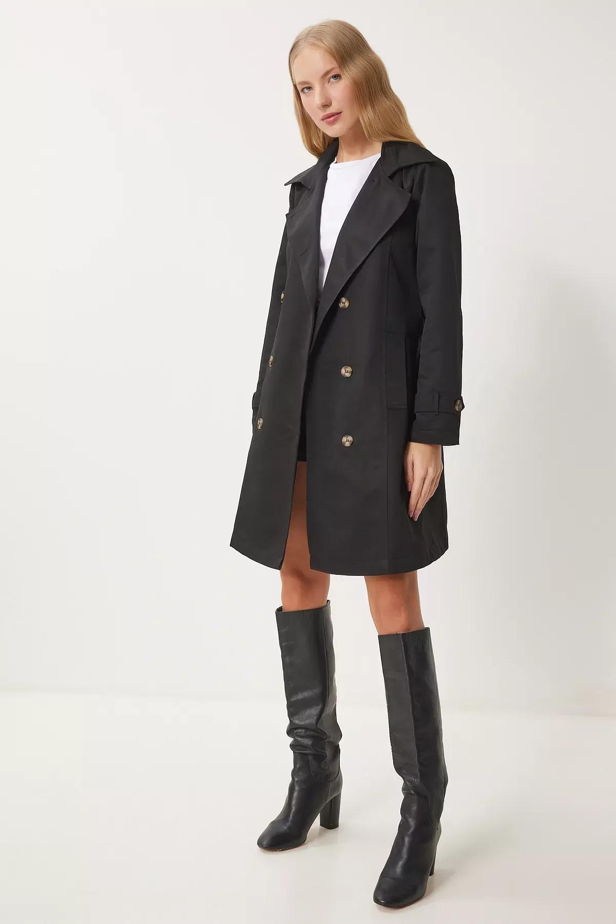 Black Double-Breasted Belted Trench Coat, , large image number 3