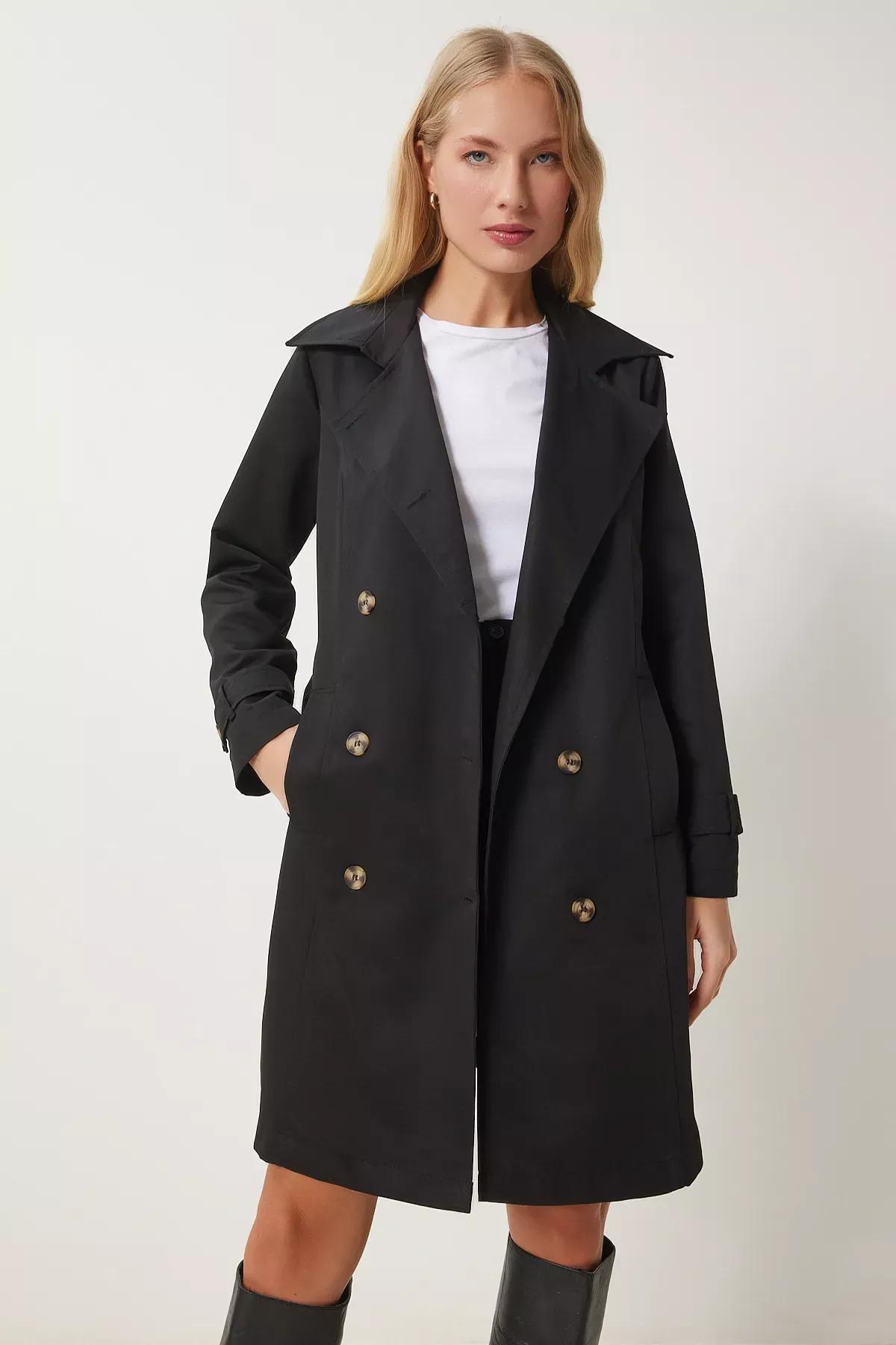 Black Double-Breasted Belted Trench Coat, , large image number 4