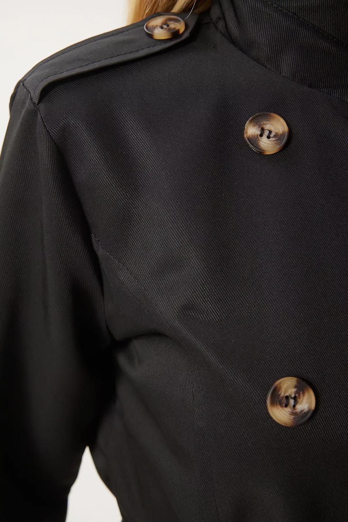 Black Double-Breasted Belted Trench Coat, , large image number 5