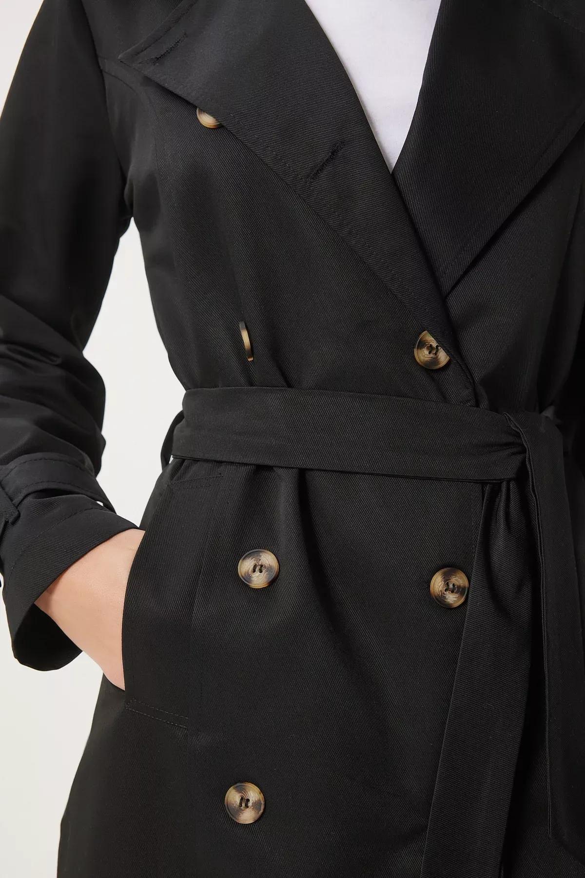 Black Double-Breasted Belted Trench Coat, , large image number 6