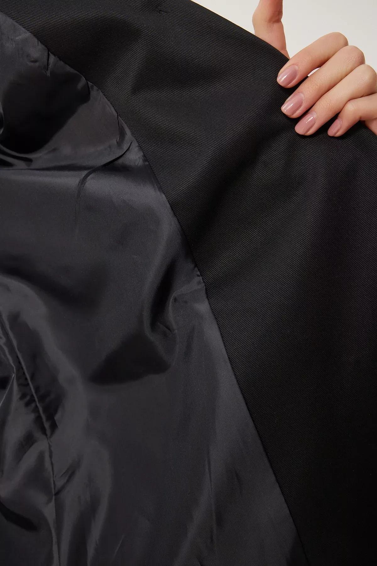 Black Double-Breasted Belted Trench Coat, , large image number 7