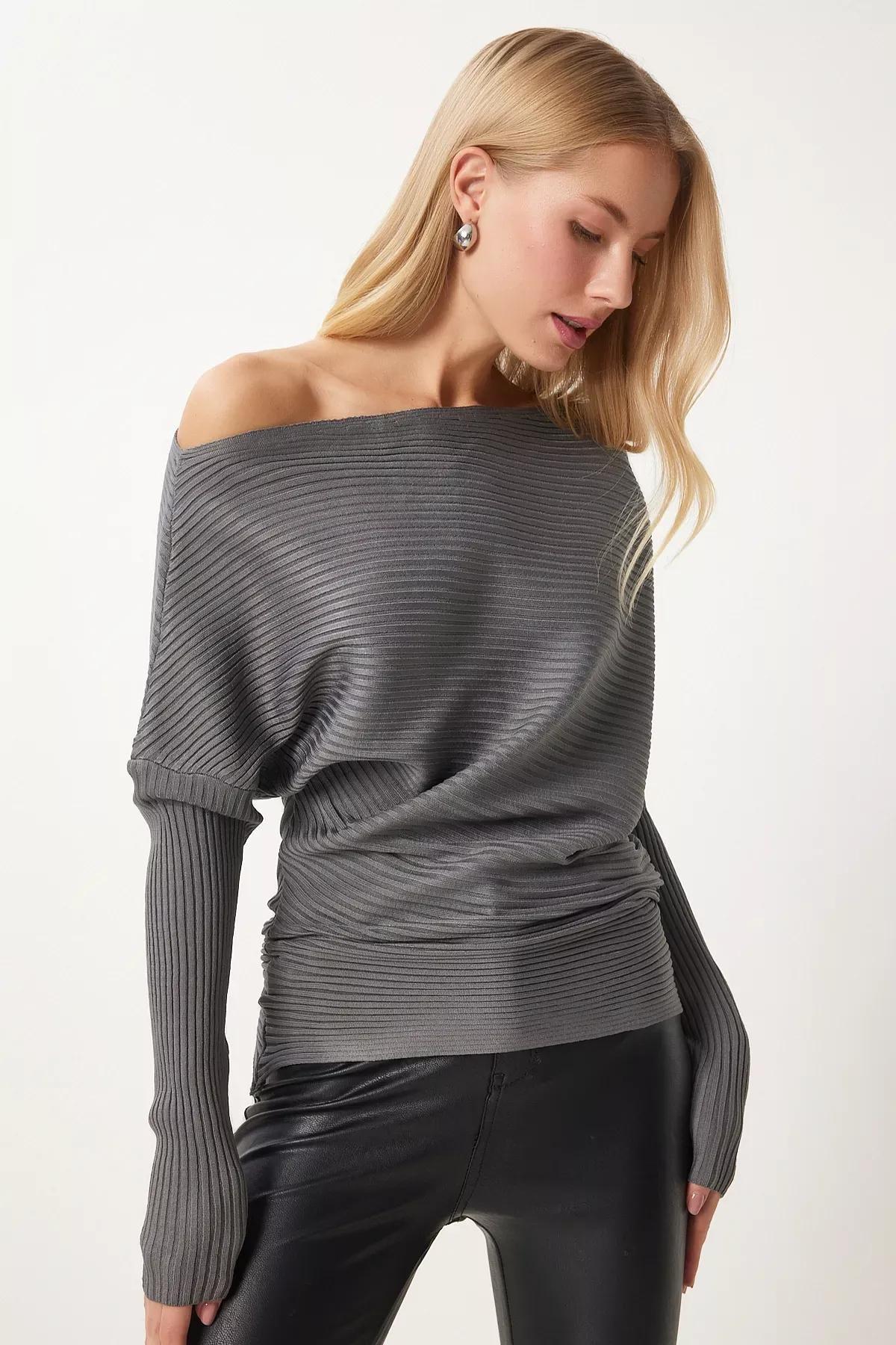 Grey Asymmetric Collar Ribbed Sweater, Anthracite, large image number 0