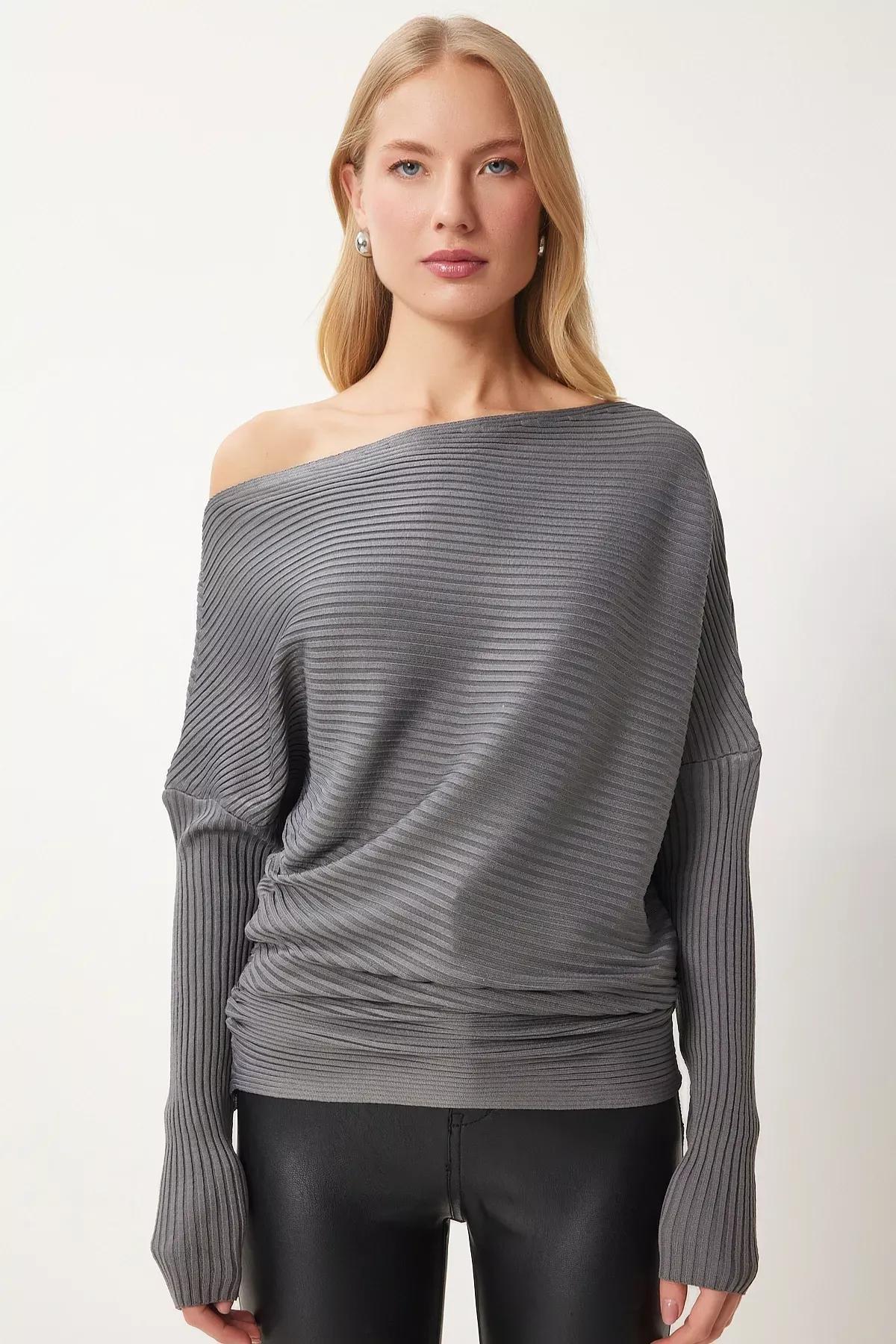 Grey Asymmetric Collar Ribbed Sweater, Anthracite, large image number 2
