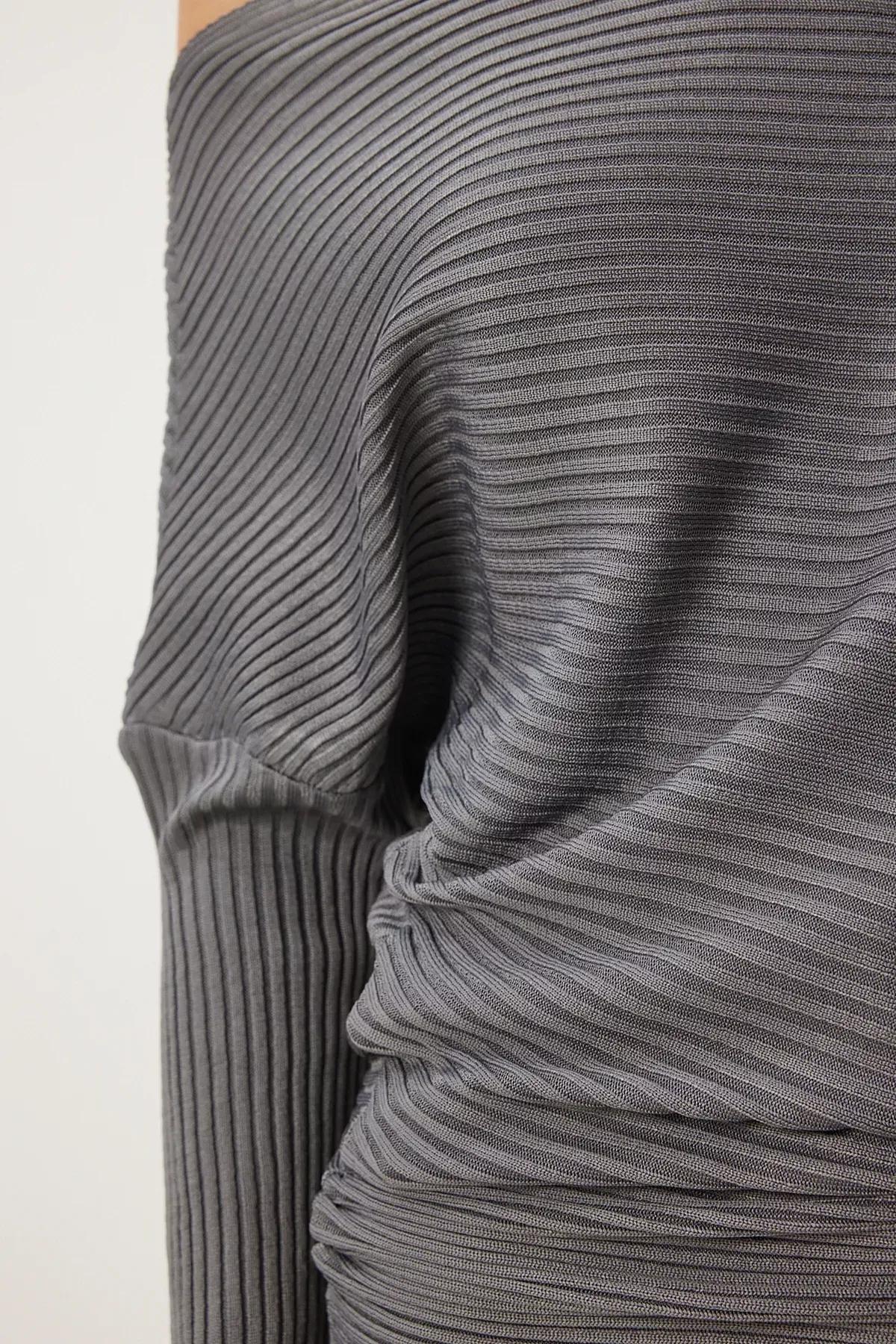 Grey Asymmetric Collar Ribbed Sweater, Anthracite, large image number 3