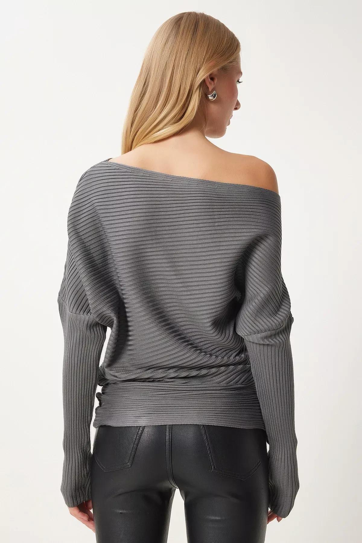 Grey Asymmetric Collar Ribbed Sweater, Anthracite, large image number 4