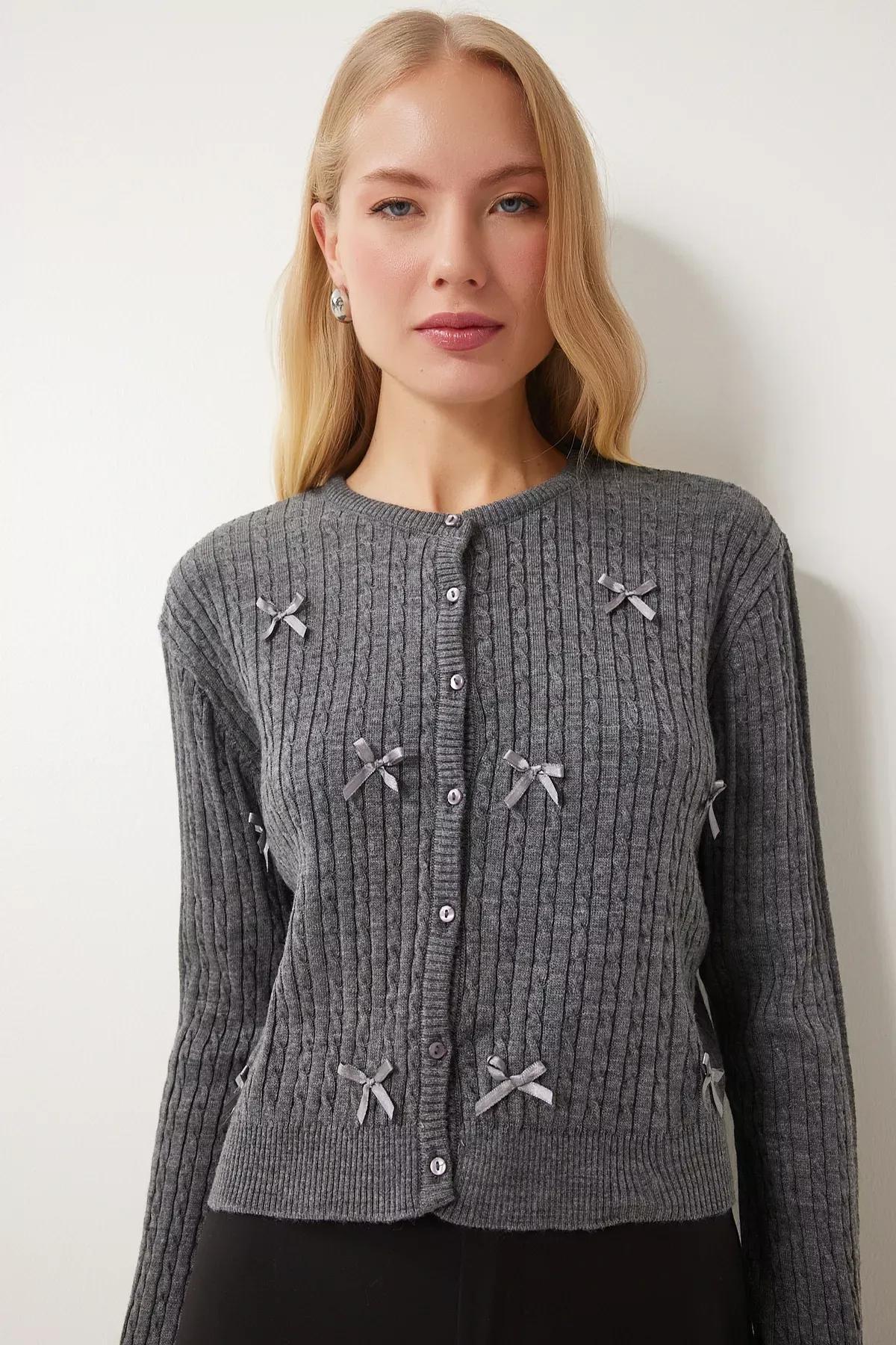 Grey Detailed Knitted Cardigan, Anthracite, large image number 0