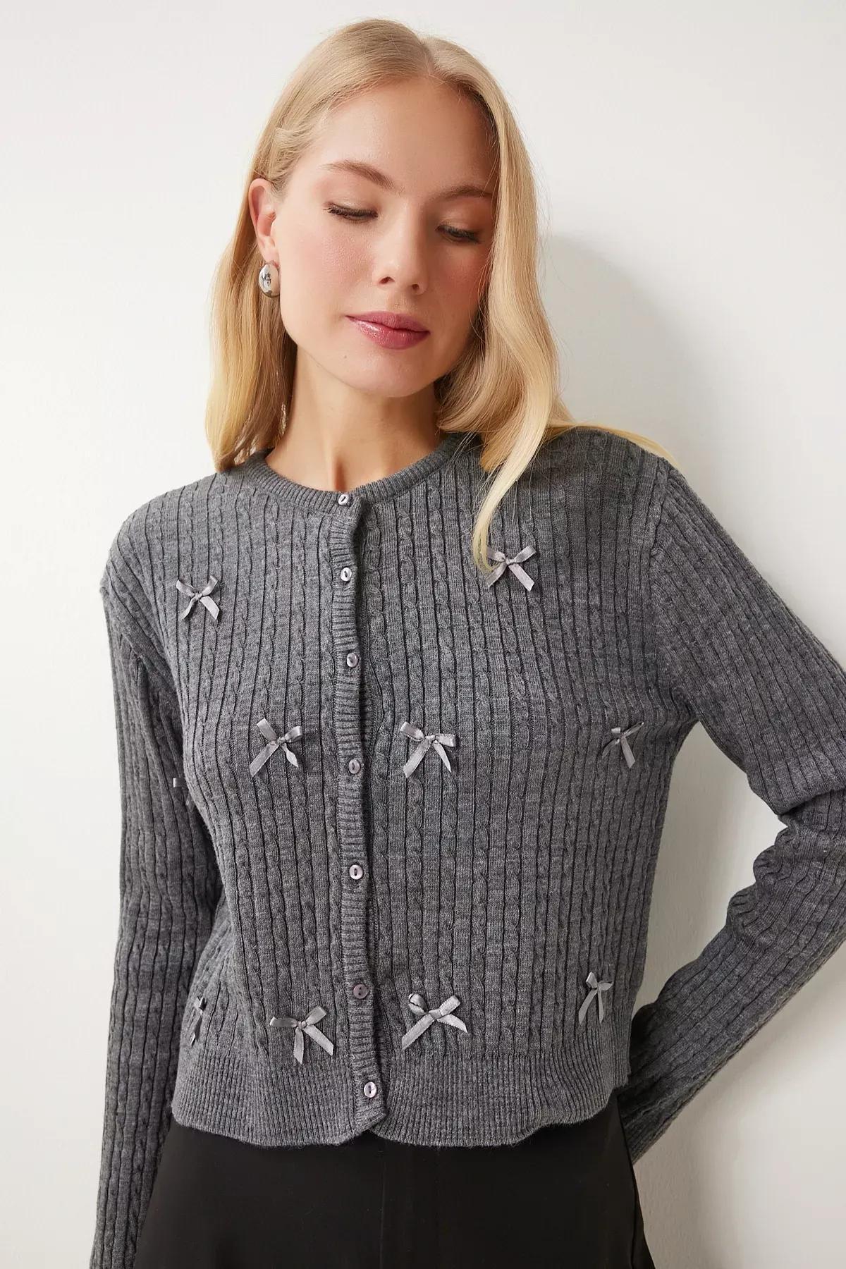 Grey Detailed Knitted Cardigan, Anthracite, large image number 1