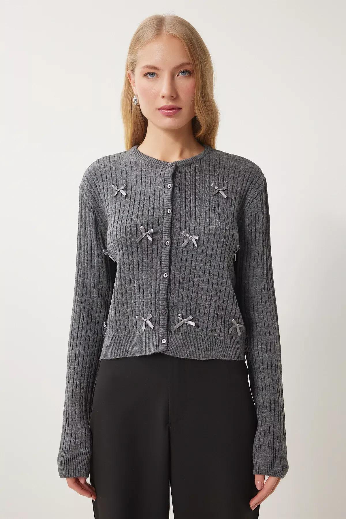 Grey Detailed Knitted Cardigan, Anthracite, large image number 2
