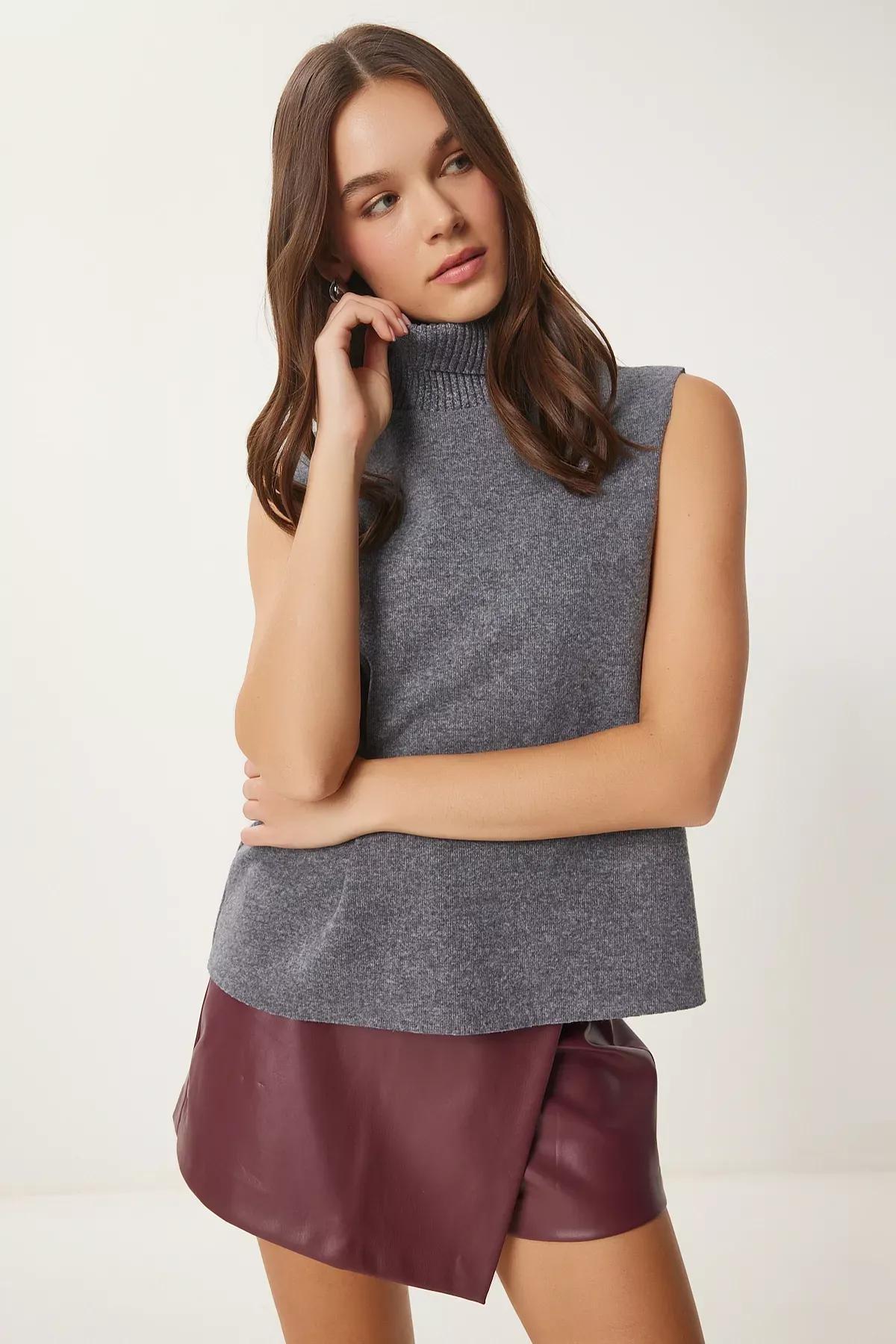 Grey Turtleneck Ribbed Blouse, , large image number 0