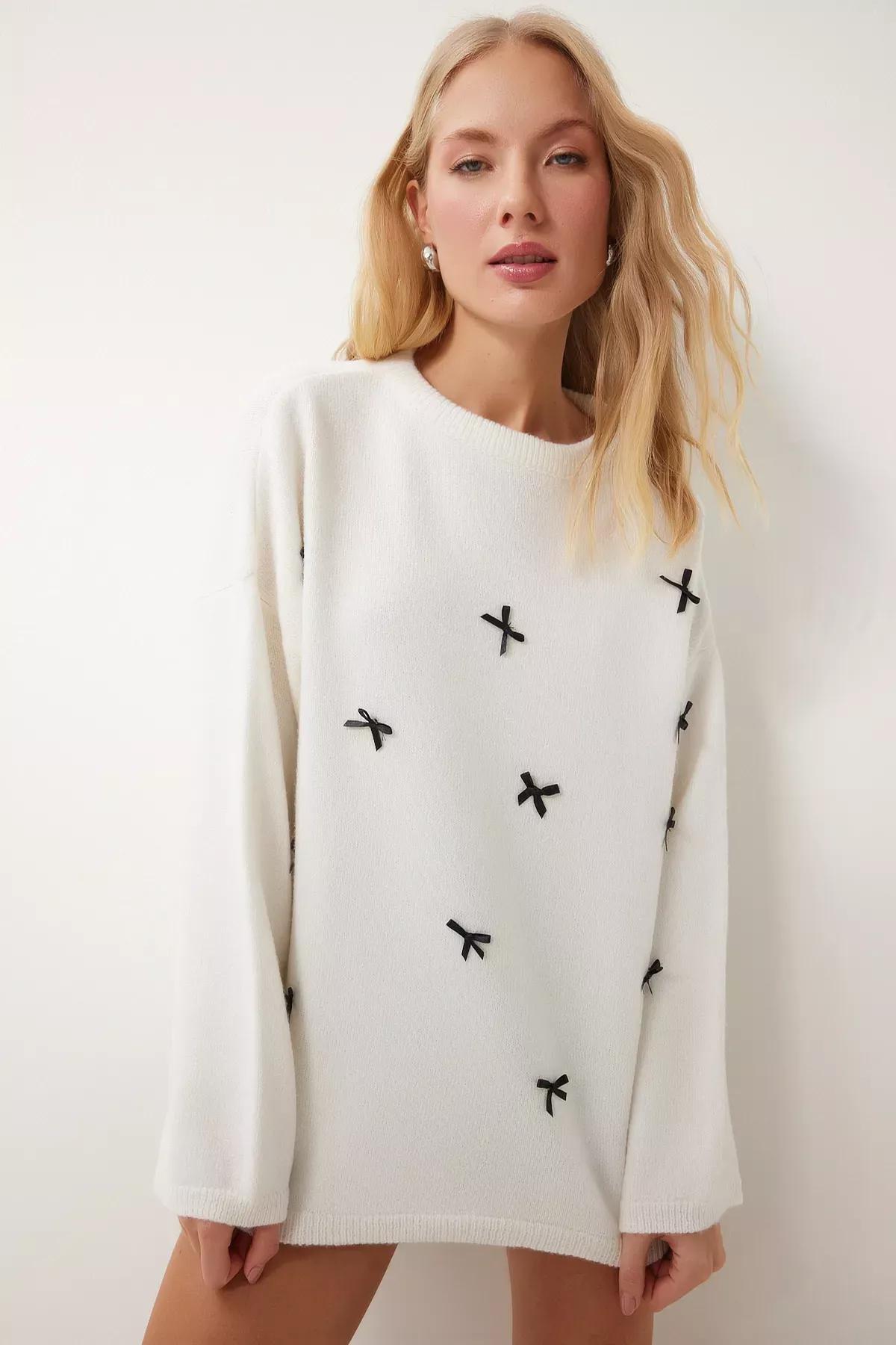 Beige Bow Detail Oversize Sweater, Ecru, large image number 2
